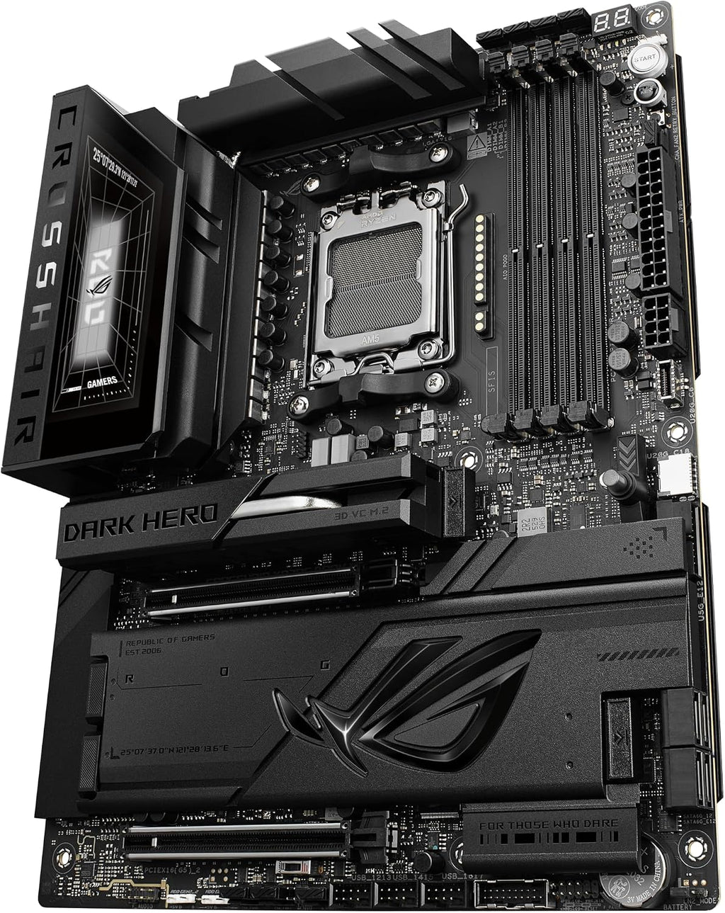 ASUS ROG Crosshair X870E Dark Hero ATX Motherboard, 20+2+2 Power Stages, DDR5 Slots, PCIe® 5.0, Five M.2 Slots, 3D VC M.2 heatsink, USB4®, AI Cache Boost, PCIe Slot Q-Release, AIO Q-Connector