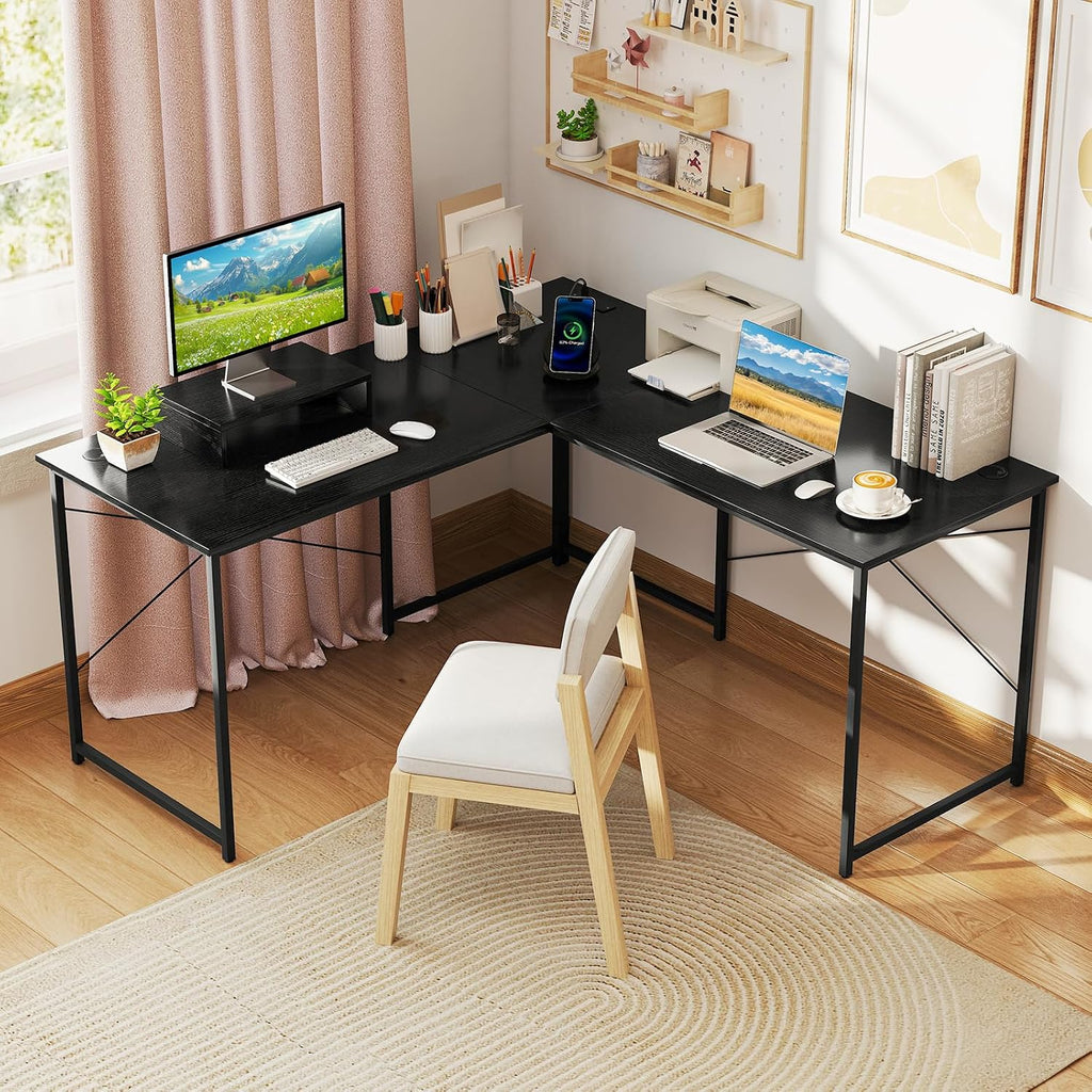 Tangkula L-Shaped Computer Desk with Power Outlets, 95' Long 2-Person Desk with Monitor Shelf, Modern Corner Desk Gaming Table with USB Ports for Home Office