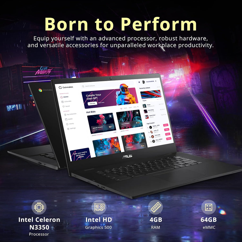 ASUS Chromebook CX1 15.6' FHD Laptop, Intel Celeron N3350 Processor, 4GB RAM, 64GB eMMC Flash Memory, Intel HD Graphics, 720P Webcam, Stereo Speakers, Chrome OS, Black (Renewed)