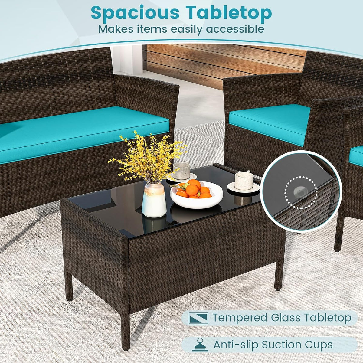 DORTALA Wicker Patio Furniture Set 4 Piece, Outdoor PE Rattan Table & Chairs Set with Tempered Glass Coffee Table, Loveseat, Cushions, Conversation Set for Balcony, Porch, Backyard, Deck, Turquoise
