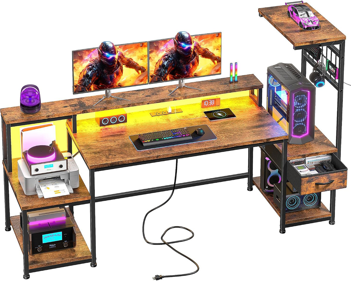 DurayLoly 63' Computer Desk with LED Lights & Outlets,Office Desk with Drawers & Monitor Stand,Gaming Desk with 3 Storage Shelves, Hooks& Printer Space for Game&Study Room,Home Office,Bedroom,Brown