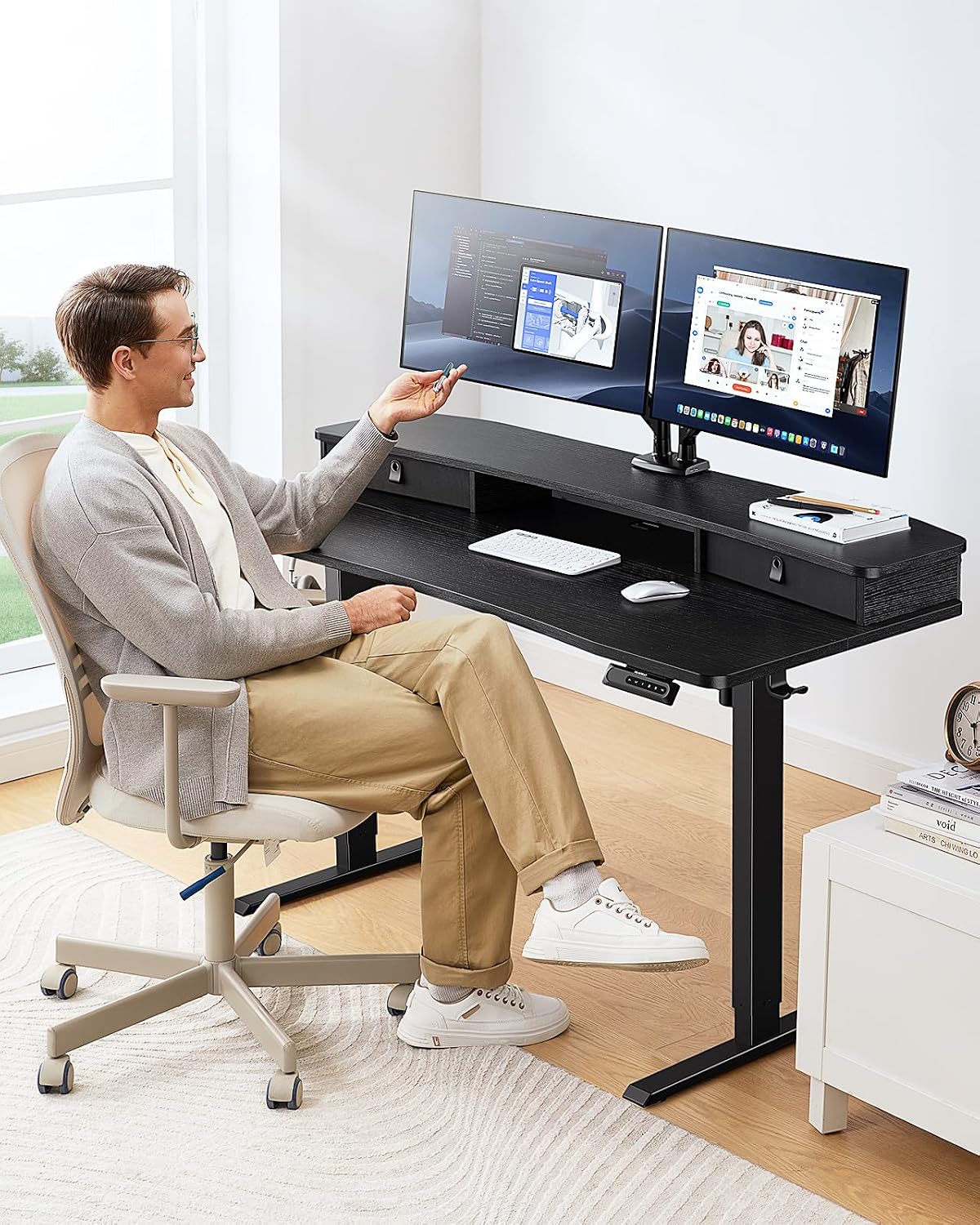 HUANUO 60″ x 30″ Electric Standing Desk with 2 Drawers, C-Clamp Mount Compatible, Height Adjustable Computer Desk, Home Office Stand Up Desk with 4 Preset Heights & 2 Hooks, Black