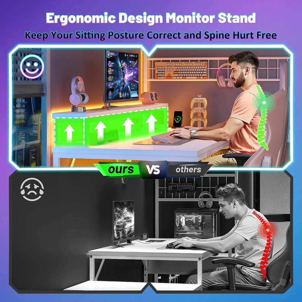 DurayLoly White Desk with Shelves & Hooks, 63.5' L Shaped Computer Desk with Monitor Stand & Power Outlets & LED Lights and Printer Space for Home Office, Bedroom, White