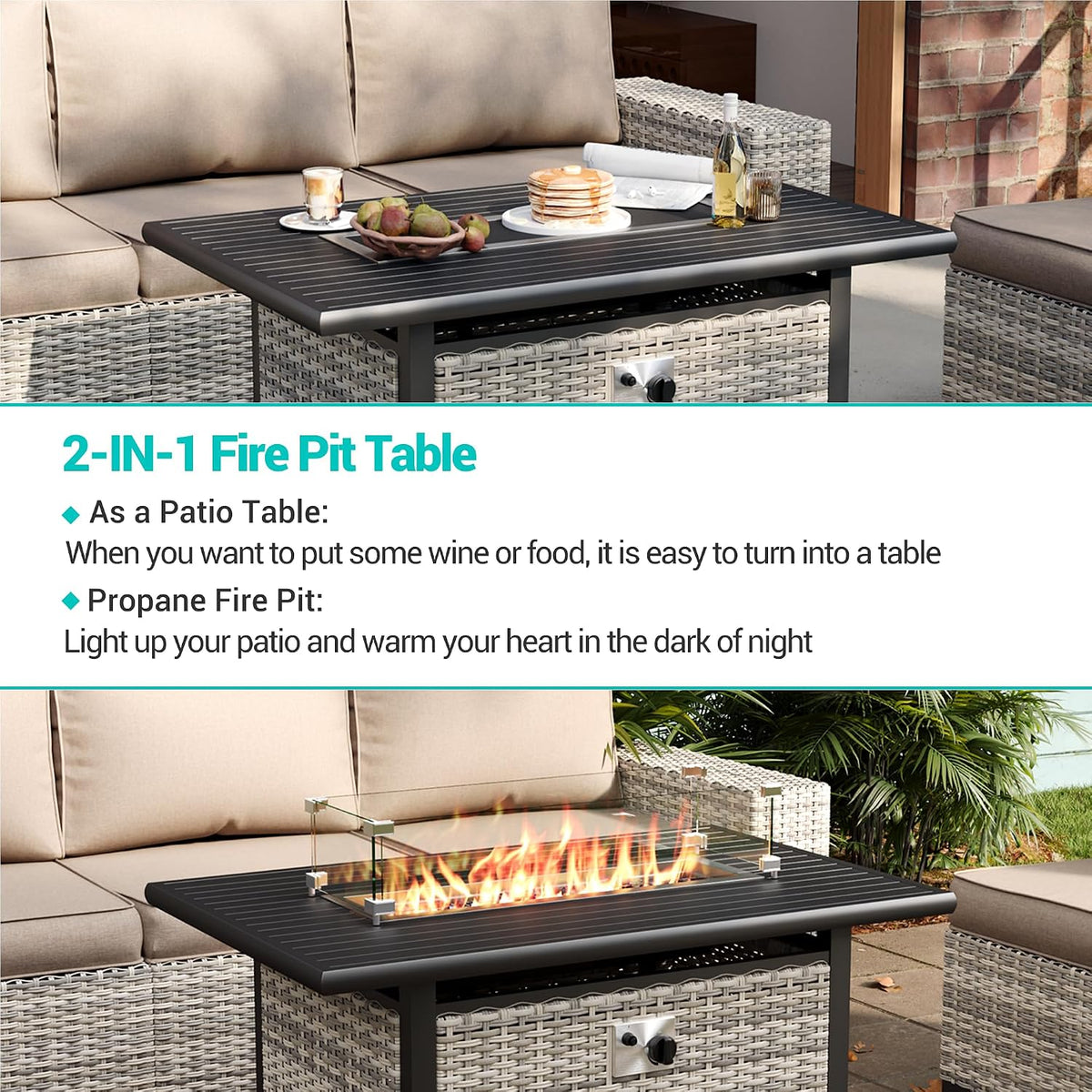 13-Piece Outdoor Patio Furniture Set with Rocking Swivel Chair, PE Wicker Rattan Sectional Sofa Patio Conversation Set with 55,000 BTU Fire Pit Table & Coffee Table, Sand