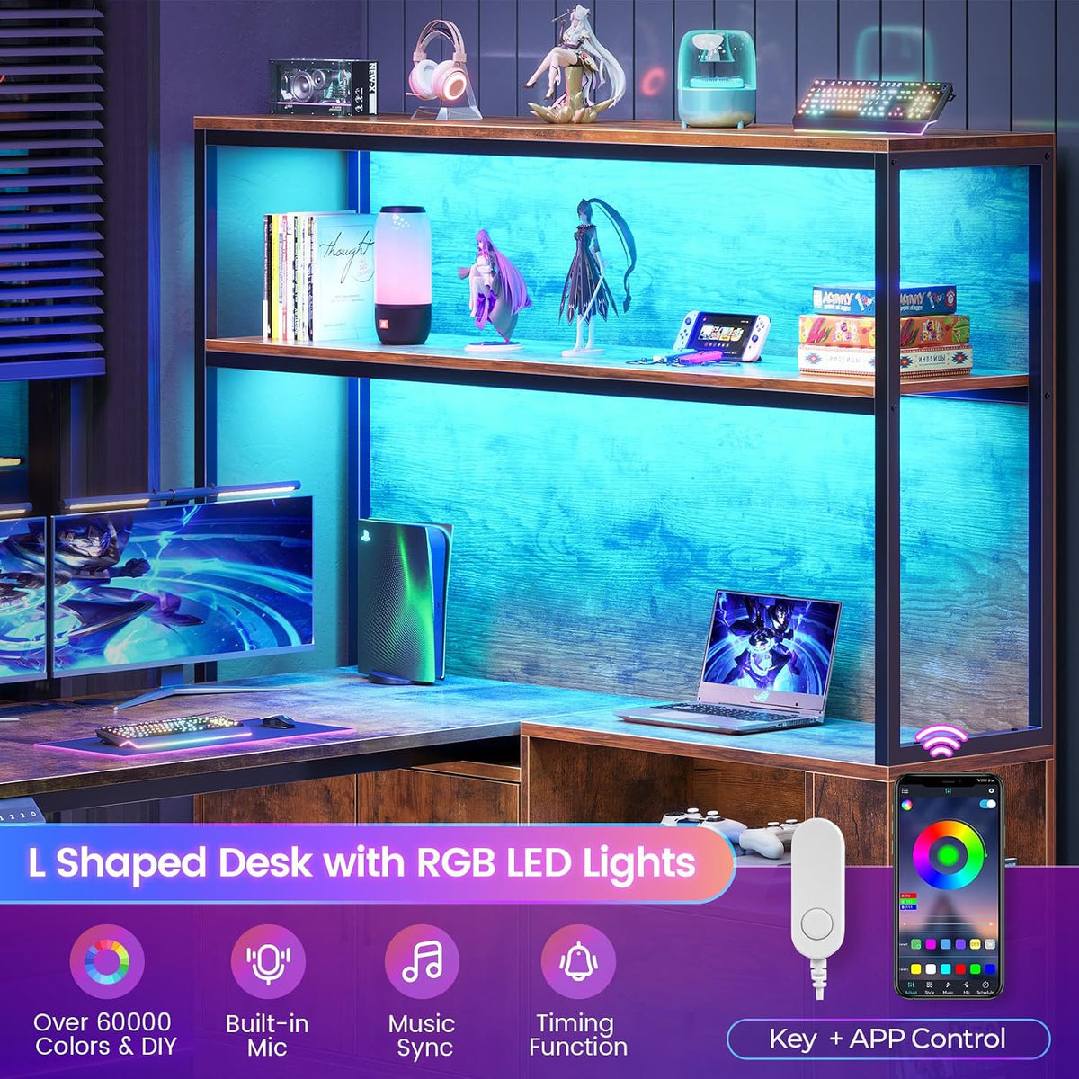 SEDETA 56.7' L Shaped Standing Desk, Reversible Computer Office Desk with Drawers & Hutch, Stand Up Corner Gaming Desks with LED Lights & Power Outlets for Home Office, Rustic Brown