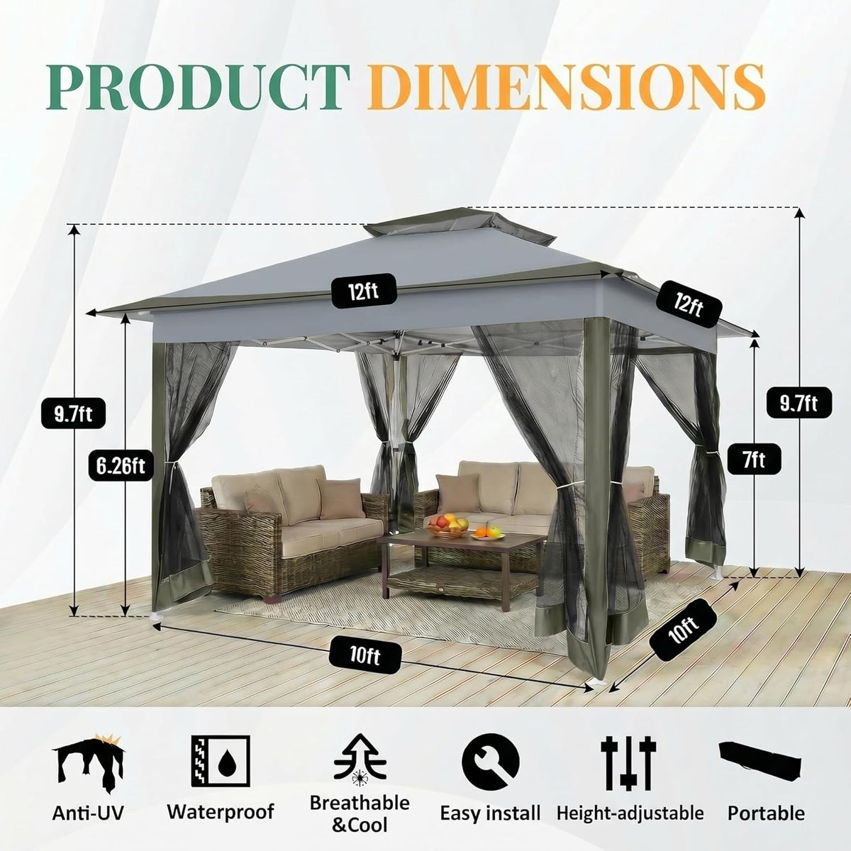 COBIZI 12x12 Pop Up Gazebos On Clearance - Upgrade Easy Up Metal Outdoor Gazebo Waterproof - Portable Gazebo with Mosquito Nettings, 4 Ropes 8 Stakes and Carry Bag for Patio Garden(Dark Gray)