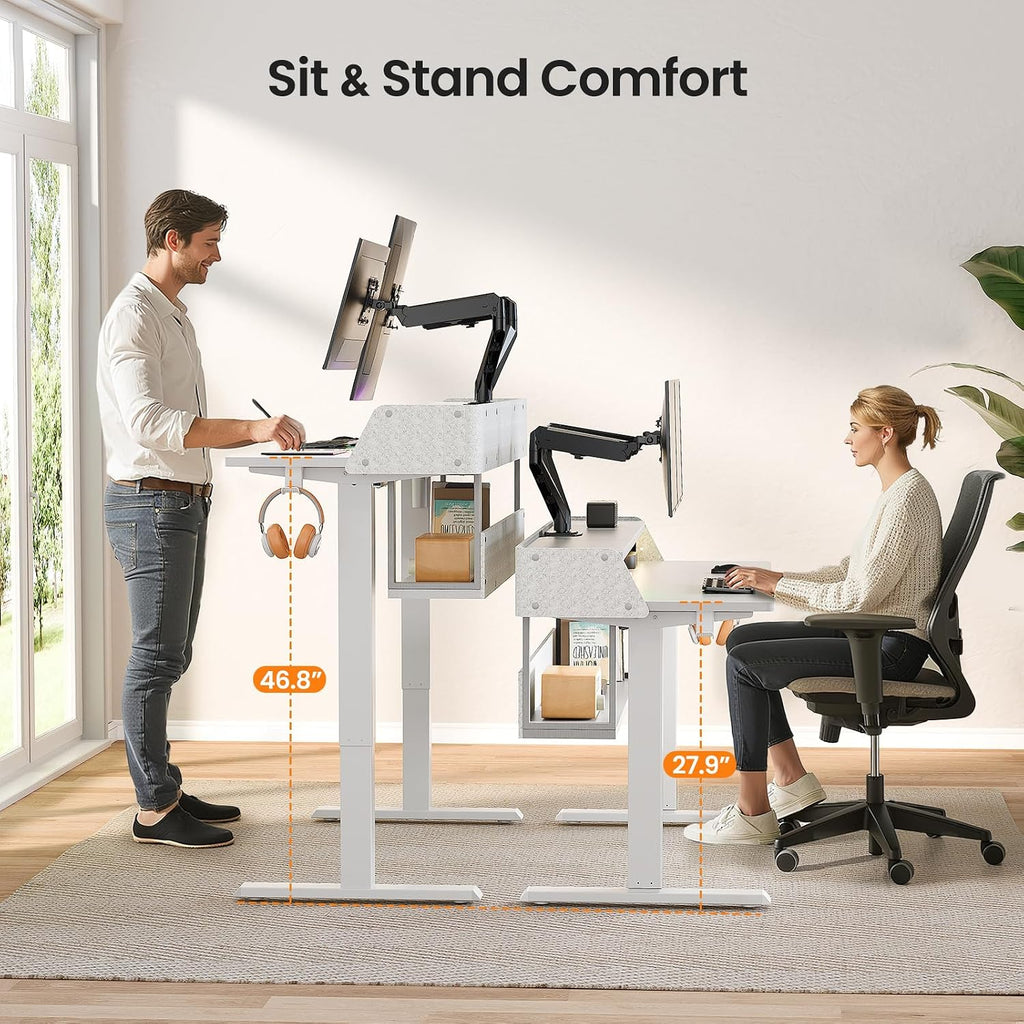 ErGear Electric Standing Desk, 48x24 Inch Adjustable Sit Stand Desk with Bookshelf & Monitor Stand, Standing Gaming Desk with LED Light Strip, Stand Up Desk for Home Office, White