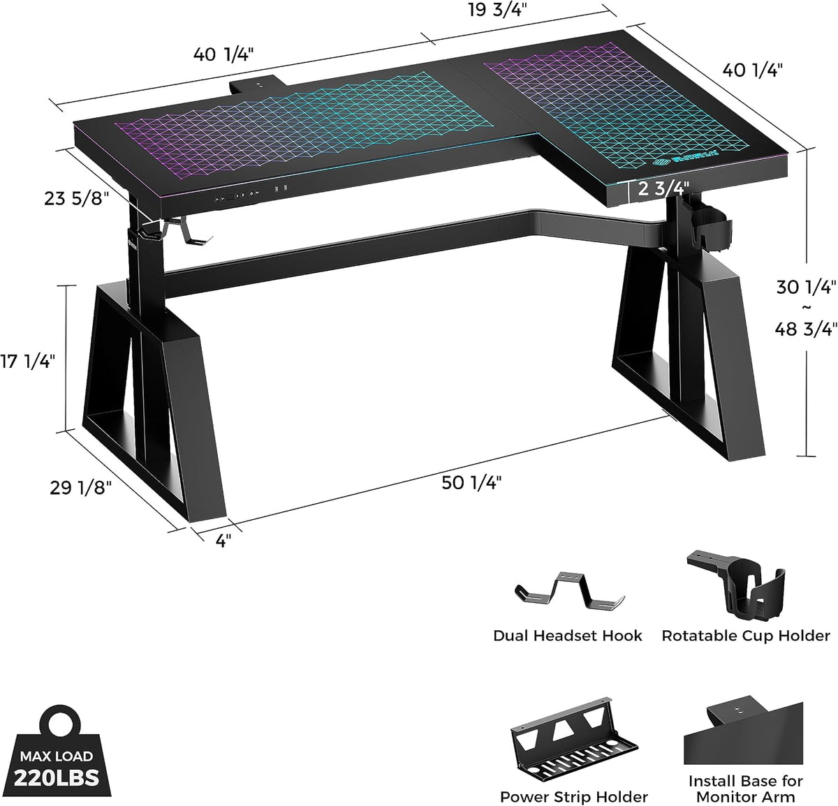 EUREKA ERGONOMIC Standing Desk,Gaming Table,Glass RGB Desks, Height Adjustable Computer 60 Inch L Shaped Corner Desk Music Studio Desk Workstation w Type-C Port,Cup Headset Holder,APP Control,Right