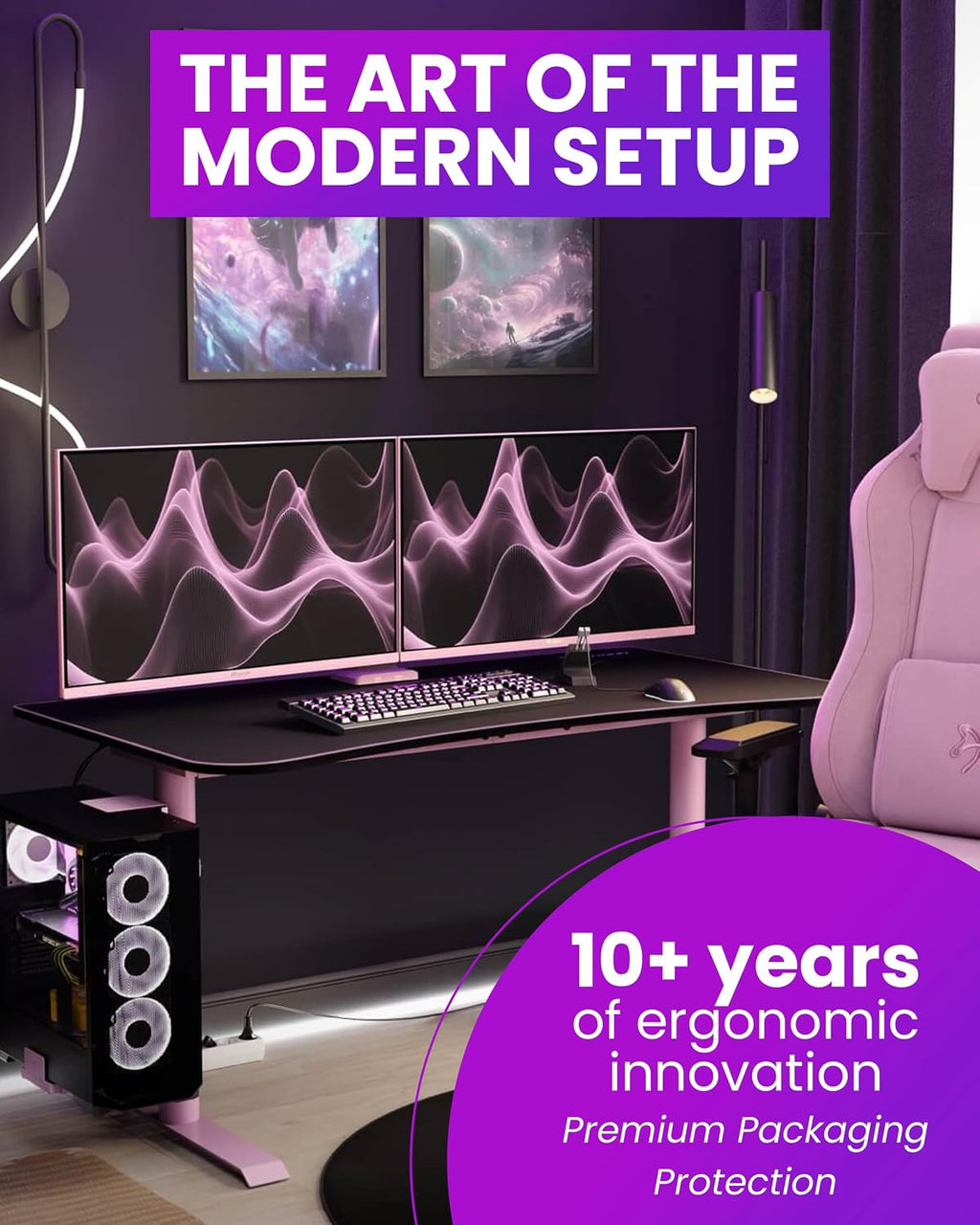Arozzi Arena Medium Gamer Desk - 55x30' Steel Frame PC Gaming Desk with Storage for Cables & Dual-Monitor Support - Full-Surface Washable Mousepad - Pink
