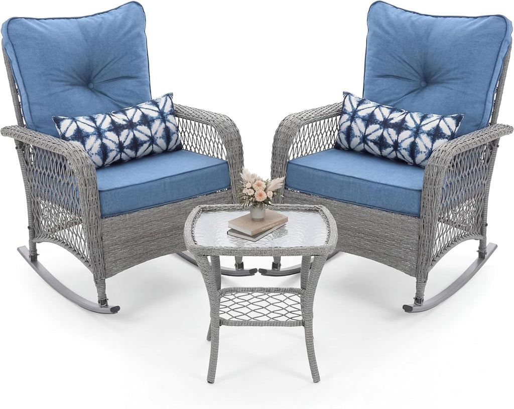 UDPATIO Rocking Chair Outdoor Set 2 with Coffee Table, 3 Piece Wicker Rocking Bistro Set with 4' Water-Resistant Cushions, Oversized, 350lbs Heavy-Duty, for Porch, Patio, Balcony, Grey/Blue