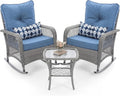 UDPATIO Rocking Chair Outdoor Set 2 with Coffee Table, 3 Piece Wicker Rocking Bistro Set with 4' Water-Resistant Cushions, Oversized, 350lbs Heavy-Duty, for Porch, Patio, Balcony, Grey/Blue
