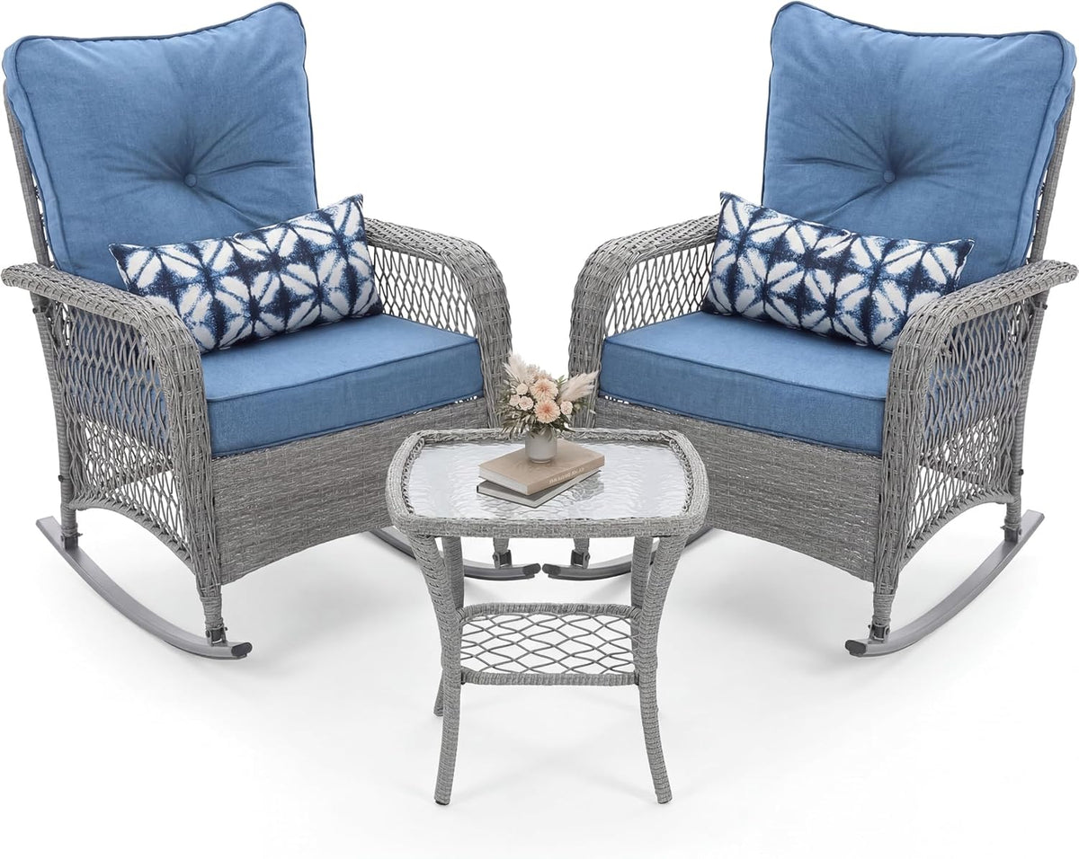 UDPATIO Rocking Chair Outdoor Set 2 with Coffee Table, 3 Piece Wicker Rocking Bistro Set with 4' Water-Resistant Cushions, Oversized, 350lbs Heavy-Duty, for Porch, Patio, Balcony, Grey/Blue