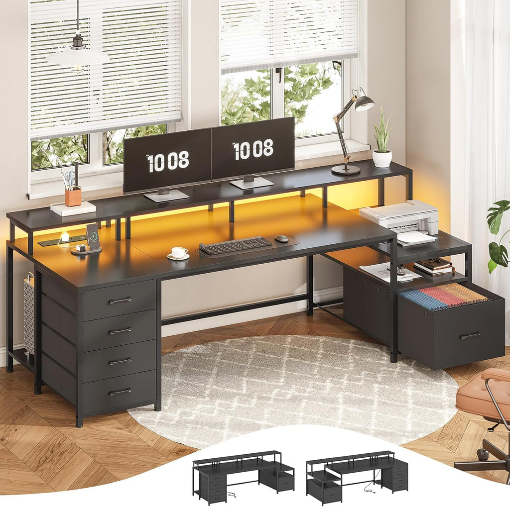SEDETA 75'' Computer Desk with 5 Drawer, Power Outlet & Led Lights, Home Office Desk with File Drawer, Storage Shelves, Printer Cabinet and Monitor Shelf, 23.6' W Large Desktop Gaming Desk, Black
