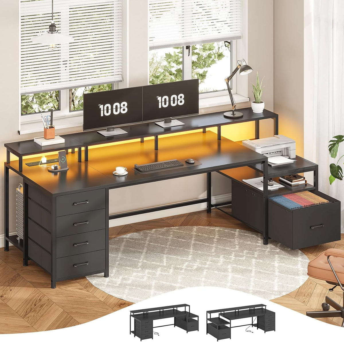 SEDETA 75'' Computer Desk with 5 Drawer, Power Outlet & Led Lights, Home Office Desk with File Drawer, Storage Shelves, Printer Cabinet and Monitor Shelf, 23.6' W Large Desktop Gaming Desk, Black