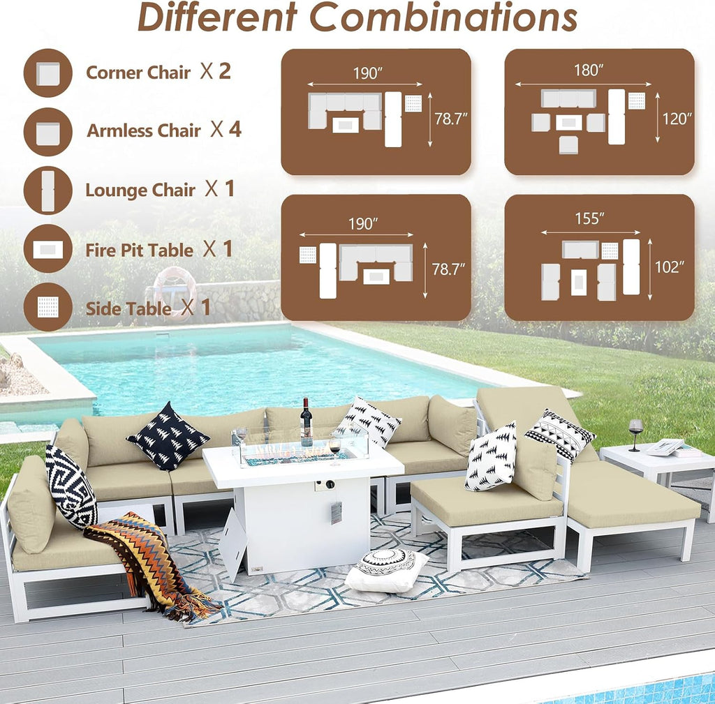 RADIATA 9 Piece Modern Aluminum Outdoor Patio Furniture Set with Lounger & Fire Pit Table, Extra Large All-Weather Modular Sectional Couch, 29' Wide Deep Seating Conversation Sofa for Poolside, Beige