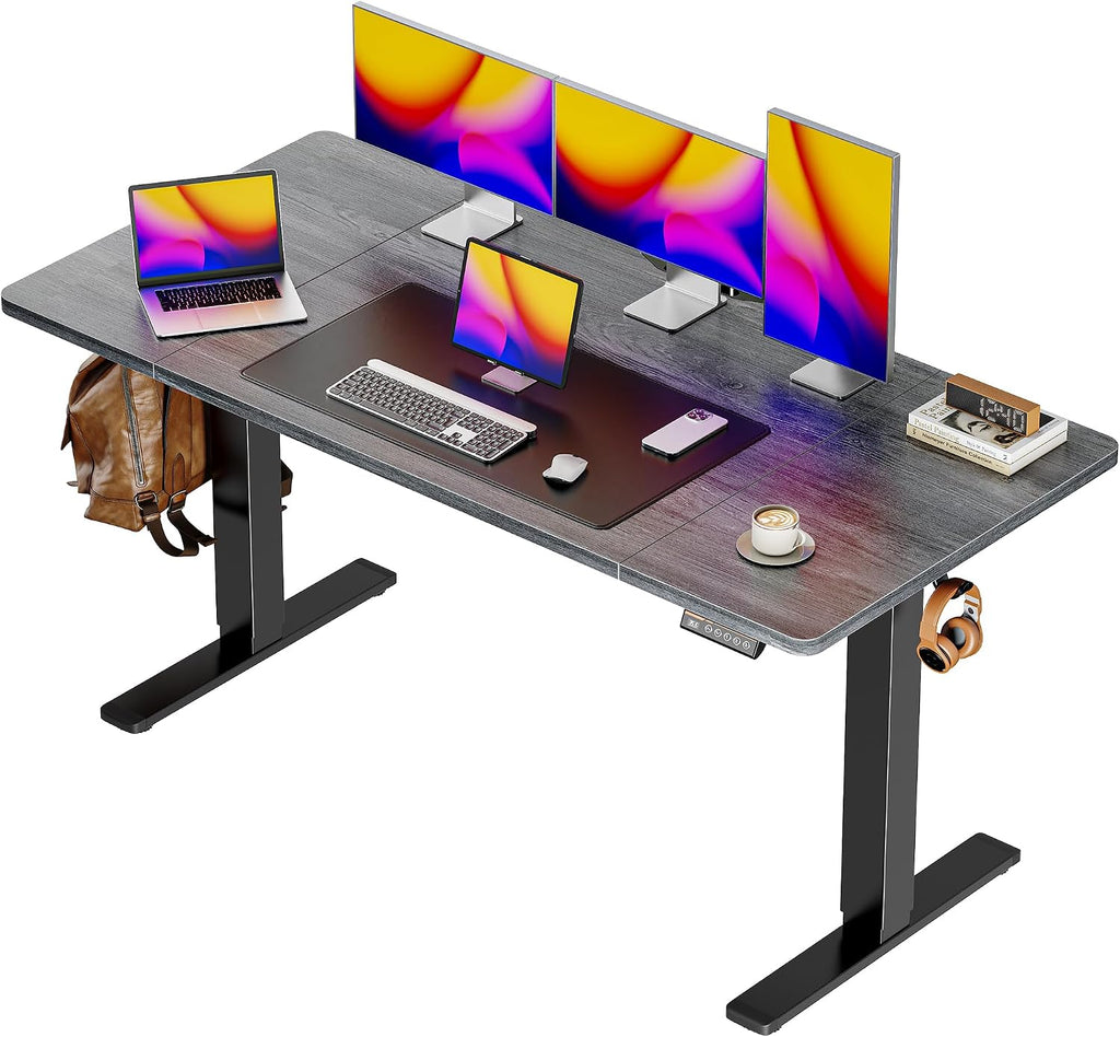 Huuger 55 x 28 Large Electric Standing Desk, Height Adjustable Desk, 27.6' Deep Desktop, Stand up Gaming Computer Office Desk with 2 Hooks, 3 Preset Heights, for Home Office, Grey