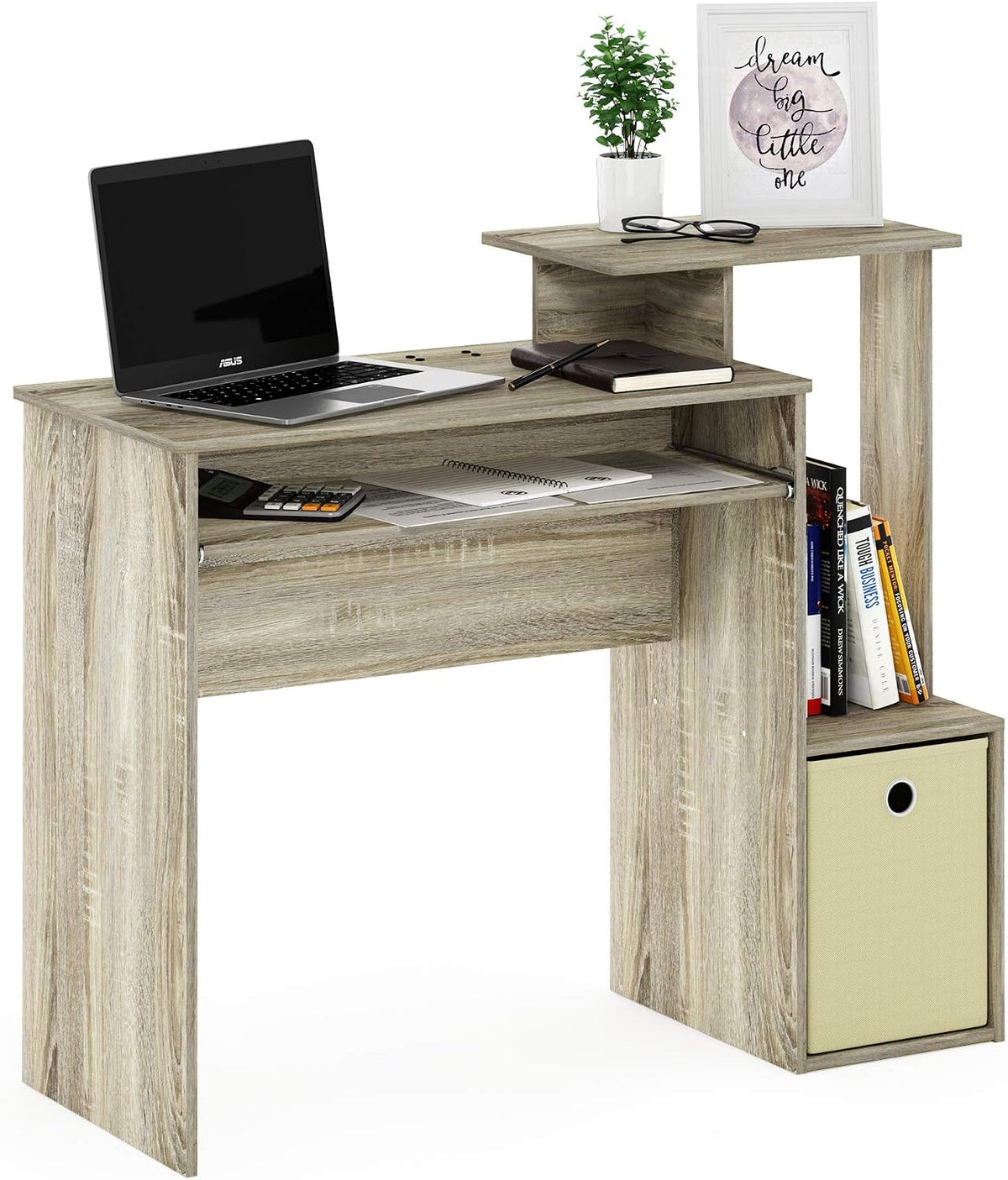 Furinno ECON Desk, 40-in Gaming Desk with Keyboard Tray, Computer Desk, Office Desk with Side Shelves and Storage Bin for Home Office, Study Room, Dorm, Light Oak