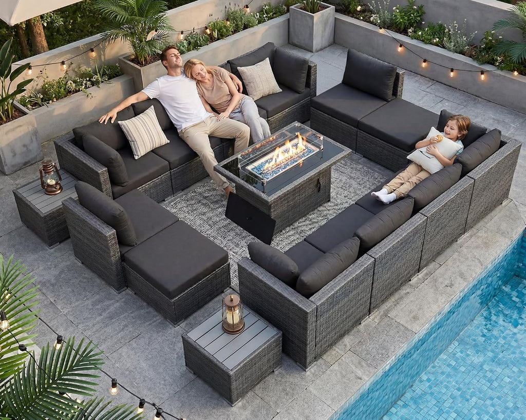 NICESOUL 15 Piece Patio Set with Fire Pit Table, Luxury Large Size Outdoor Furniture with Firepit, 29.3' Highback Deep Seating 500 lbs Heavy Duty for Backyard, Deck, Dark Grey