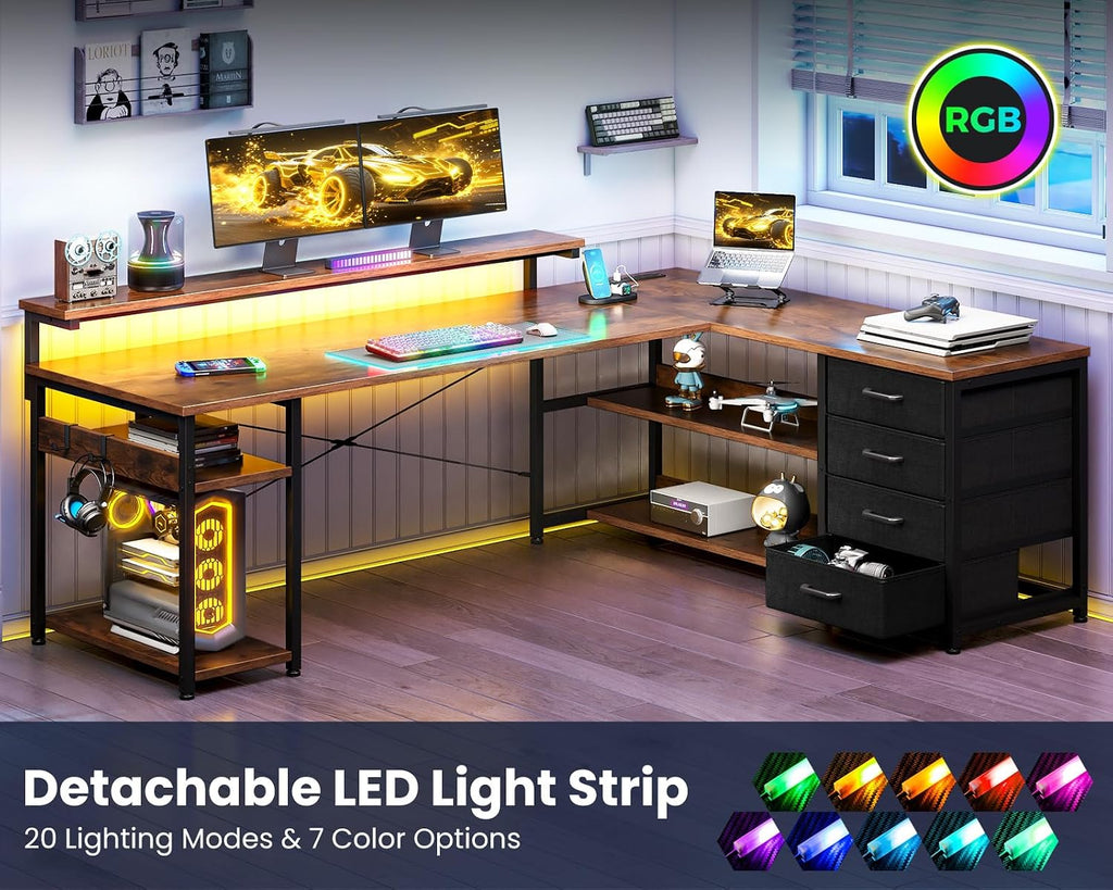 AODK 61' L Shaped Desk with Drawer, Computer Desk with Power Outlets & LED Lights, Reversible Corner Gaming Desks for Home Office Workstation, Office Table with Monitor Shelf, Vintage