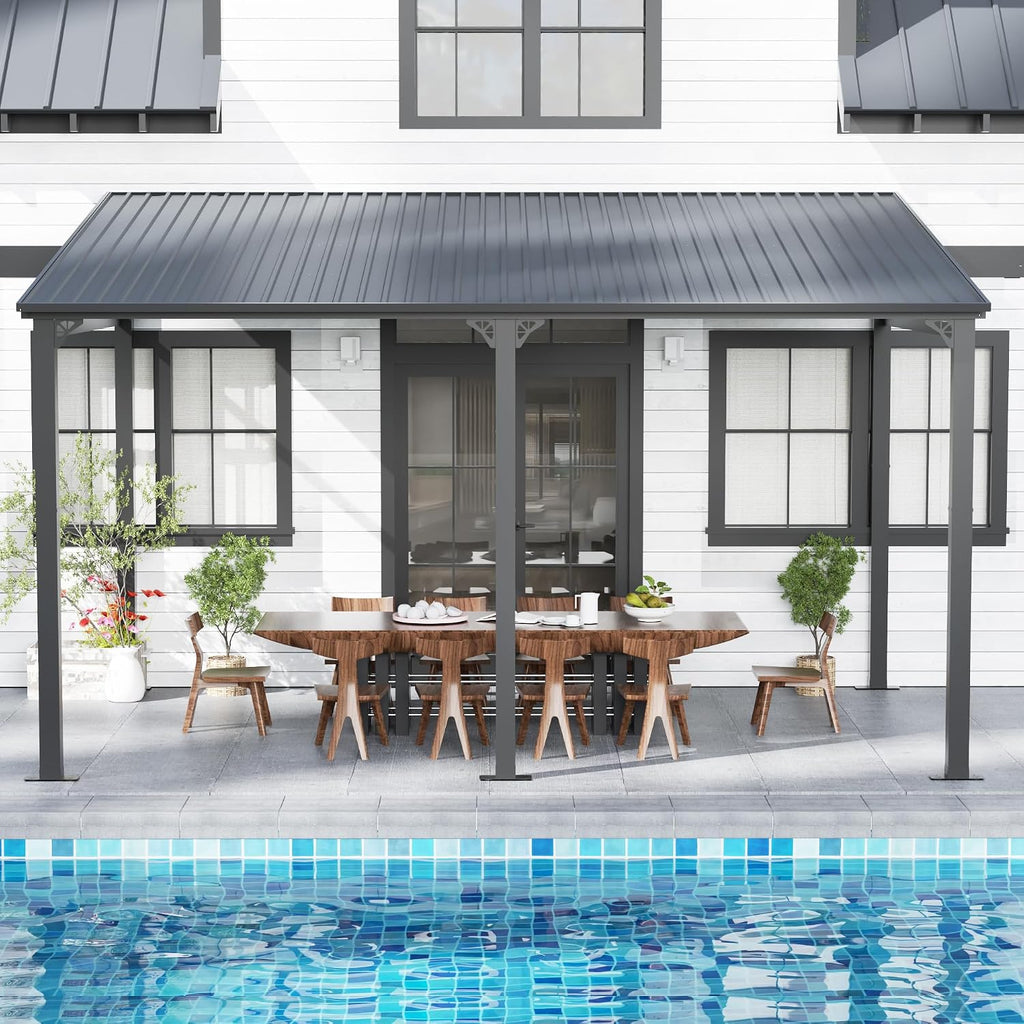 EBE 14' x 10' Outdoor Hardtop Gazebo, Lean to Gazebs with Galvanized Steel Roof, Metal Wall Mounted Pergola and Gazebos on Clearance, Grill Gazebo Awning for Patio, Poch, Backyard