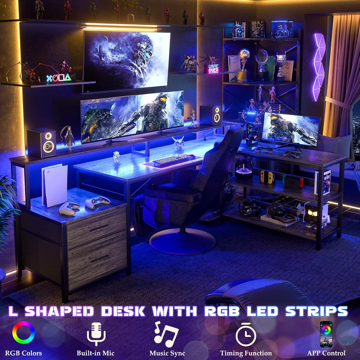Aheaplus L Shaped Desk with File Drawer, 72.8' Reversible L Shaped Computer Desk with Power Outlet & LED Strip, Gaming Desks with Monitor Stand, Corner Office Desks with Storage Shelf, Grey Oak