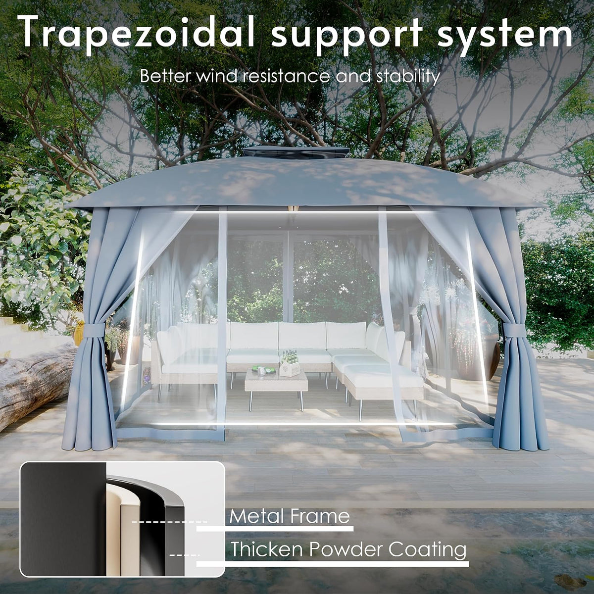 Gazebo 10x12(Canopy Size) with Mosquito Netting & Privacy Screens. Double Roof Design Outdoor Gazebo with Trapezoidal Support System for Patio, Deck, Backyard, Garden & Lawns (Charcoal Gray)