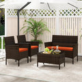ORALNER 4 Pieces Patio Furniture Set, Rattan Chairs Loveseat with Soft Cushion and Glass Table, Outdoor Wicker Conversation Set for Balcony Garden Backyard Porch Poolside (Orange)