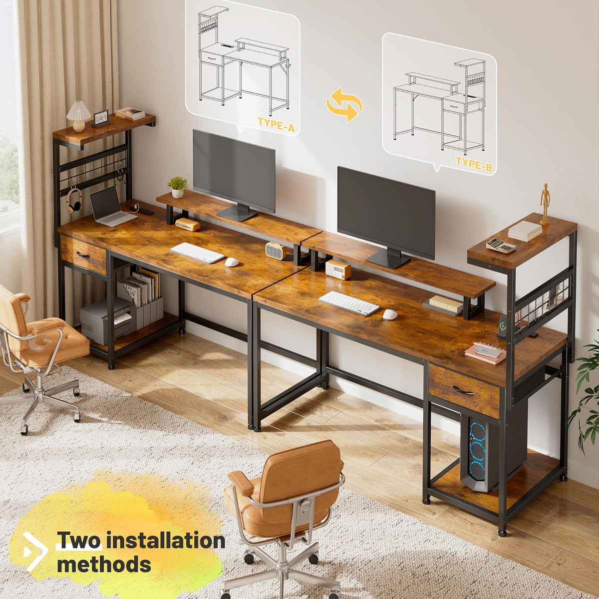 EnHomee 48' Computer Desk with Power Outlets & LED Lights, Gaming Desk with Drawer & Storage Shelves, Reversible Home Office Desk with Monitor Stand, for Living, Study Room, Gaming Room, Rustic Brown