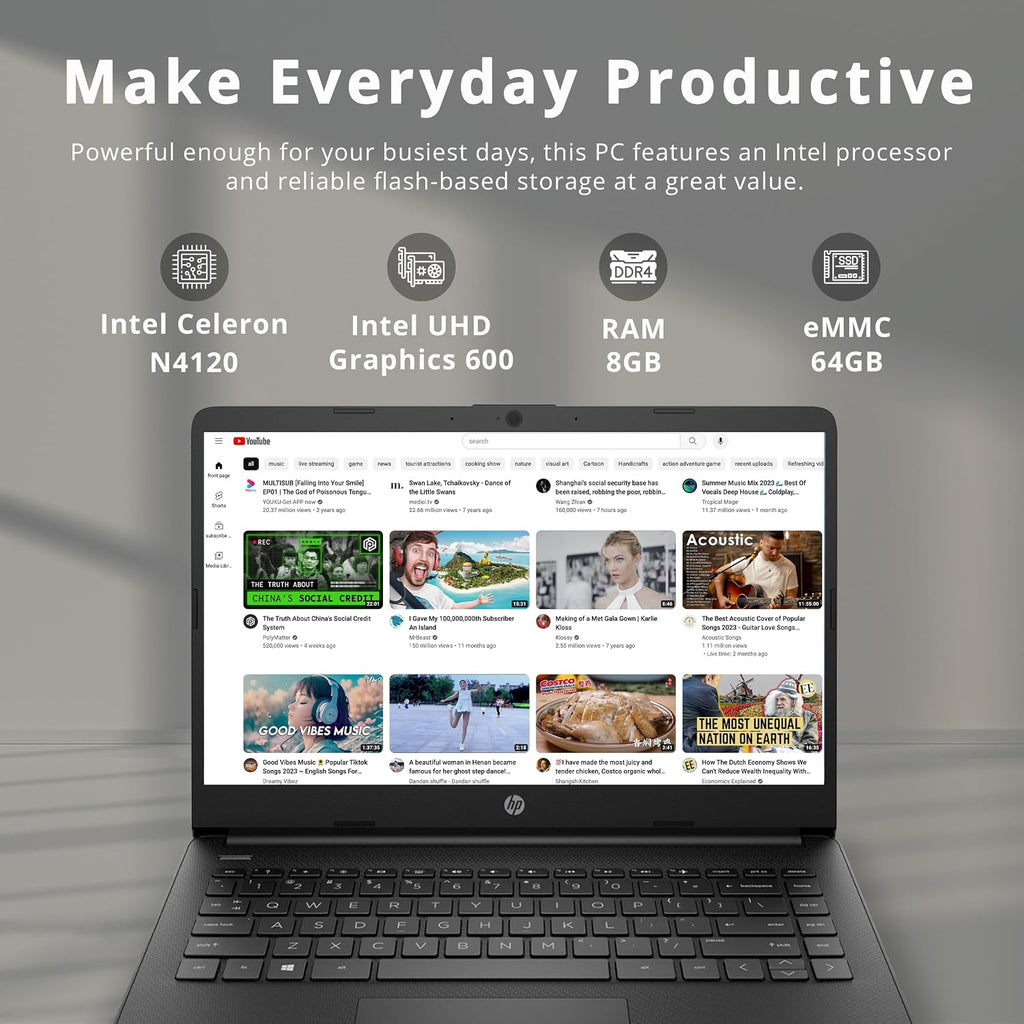 HP Stream 14' HD BrightView Laptop, Intel Celeron N4120 Processor, 8GB RAM, 64GB SSD, Intel UHD Graphics, 720p Webcam, WiFi, HDMI, Win 11 S, Black (Renewed)
