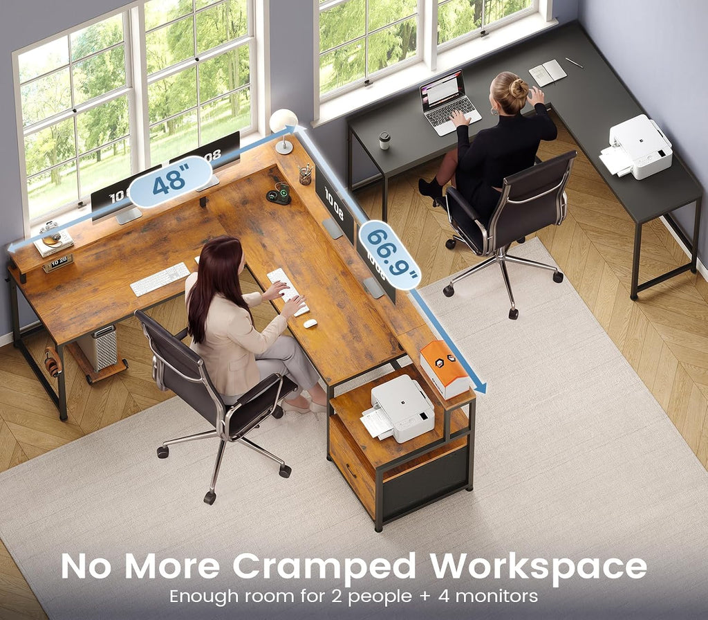 SEDETA 66' L Shaped Desk with Power Outlet, Reversible Home Office Computer Desk with File Drawer & Monitor Shelf, Storage Shelves, LED Lights, Rustic Brown for Corner Small Spaces