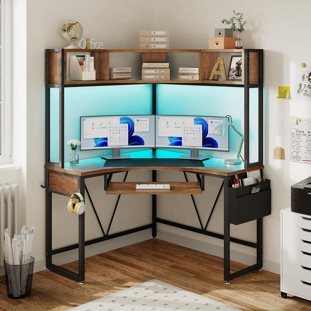 SEDETA Corner Desk, 39' W x 62' H Small Office Desk with Hutch & LED Lights, Triangle Gaming Computer Desk with Keyboard Tray, Storage Bag, and Headphone Hook for Small Space, Rustic Brown