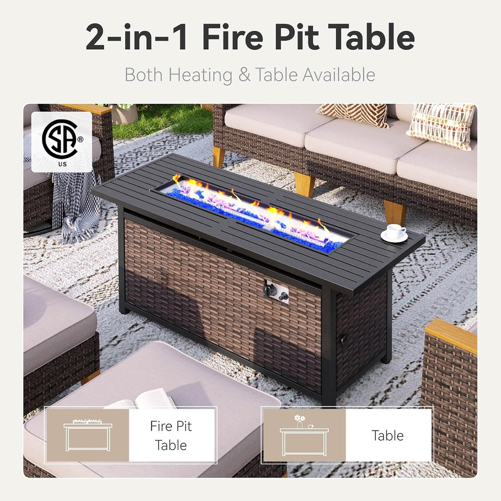 GREEN PARTY 7 Pieces Wicker Patio Furniture Set with 56' Fire Pit Table, All-Weather Outdoor Rattan Patio Half-Moon Curved Sectional Sofa Conversation Set for Garden, Backyard