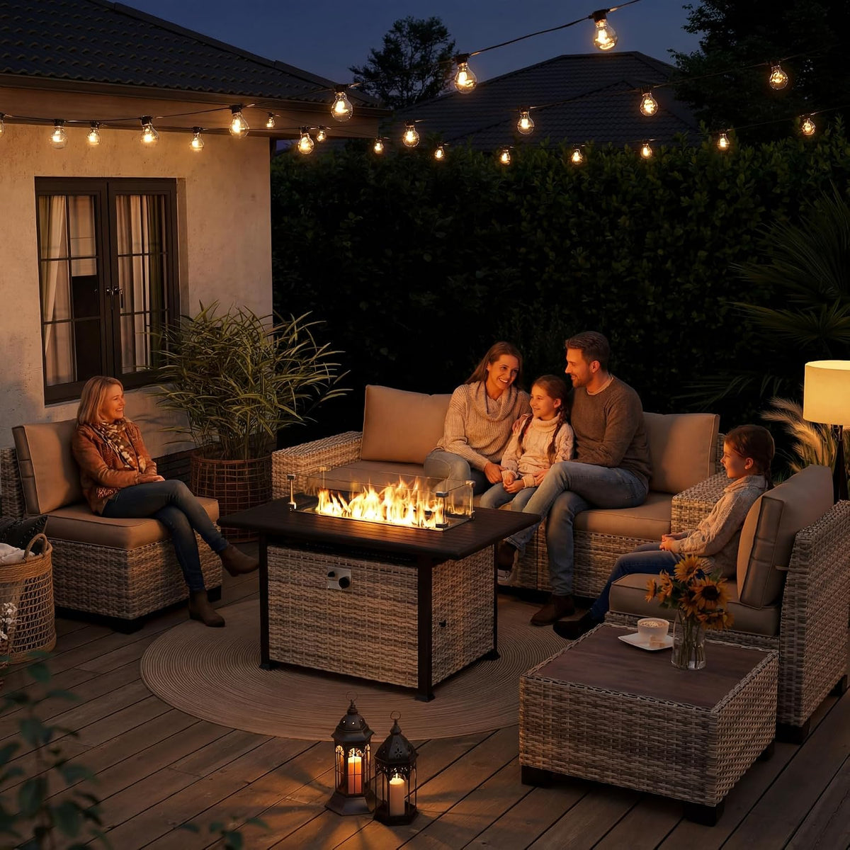 7-Piece Outdoor Patio Furniture Set with 55,000 BTU Fire Pit Table, PE Wicker Rattan Sectional Sofa Patio Conversation Set with Thickened Cushions & Coffee Table, Sand
