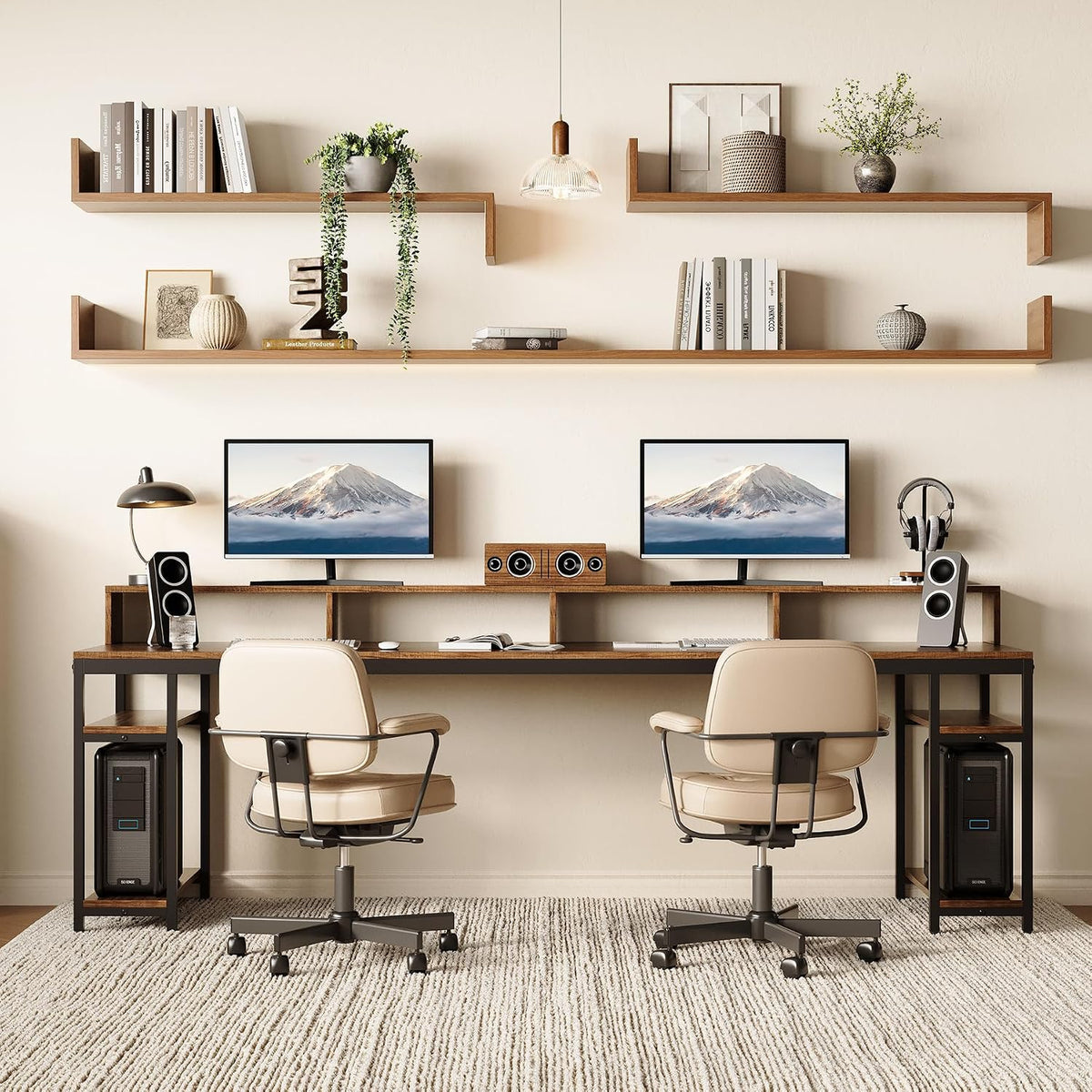 LITTLE TREE 78-Inch Double Desk with Storage Shelves, 2-Person Gaming Desk for Home Office, Long Desk with Monitor Stand (Rustic Brown)
