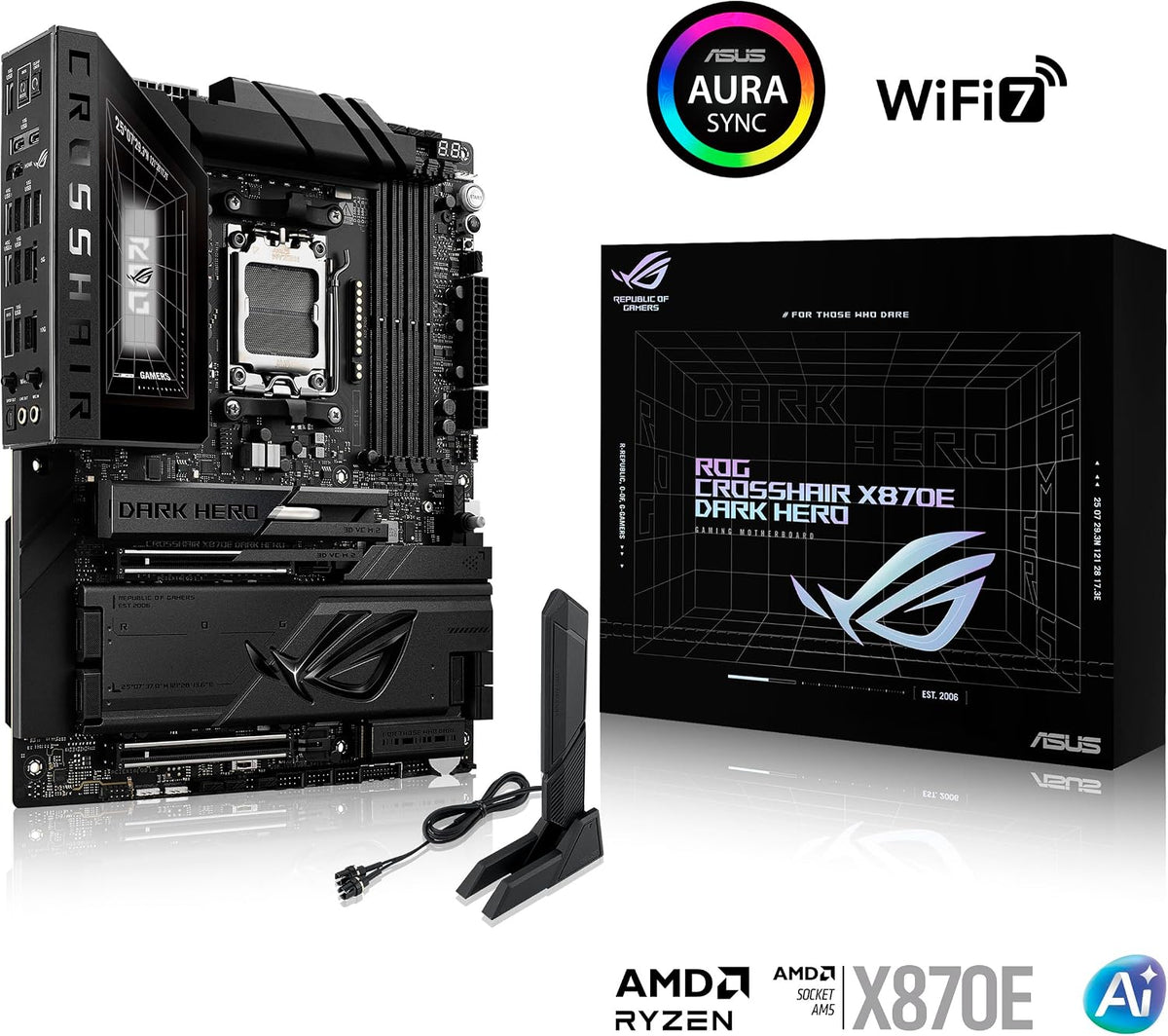 ASUS ROG Crosshair X870E Dark Hero ATX Motherboard, 20+2+2 Power Stages, DDR5 Slots, PCIe® 5.0, Five M.2 Slots, 3D VC M.2 heatsink, USB4®, AI Cache Boost, PCIe Slot Q-Release, AIO Q-Connector