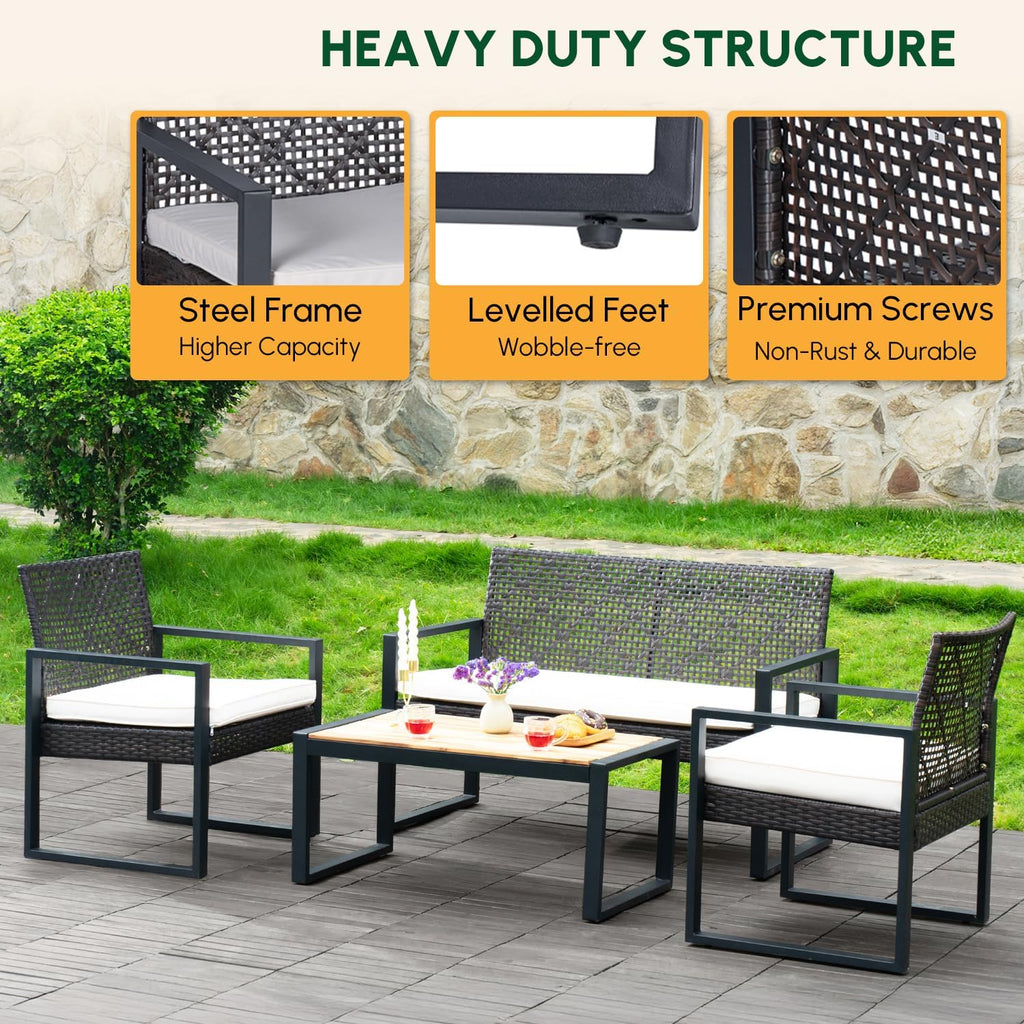 BEEFURNI Wicker Patio Furniture Outdoor Conversation Set of 4, Rattan Outdoor Furniture Set, Acacia Wood Table, 2 Chairs, 1 Loveseat, 2' Cushions, All Weather Set for Patio, Porch, Balcony (Black)