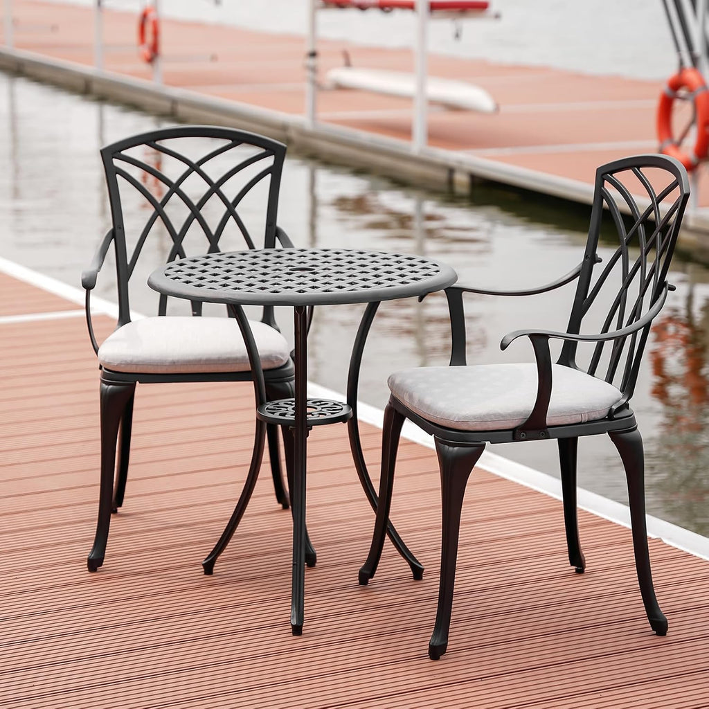 3 Piece Patio Bistro Set with Cushions, Outdoor Bistro Table and Chairs Set of 2 with Umbrella Holes, All Weather Bistro Table Set for Garden Porch Pools