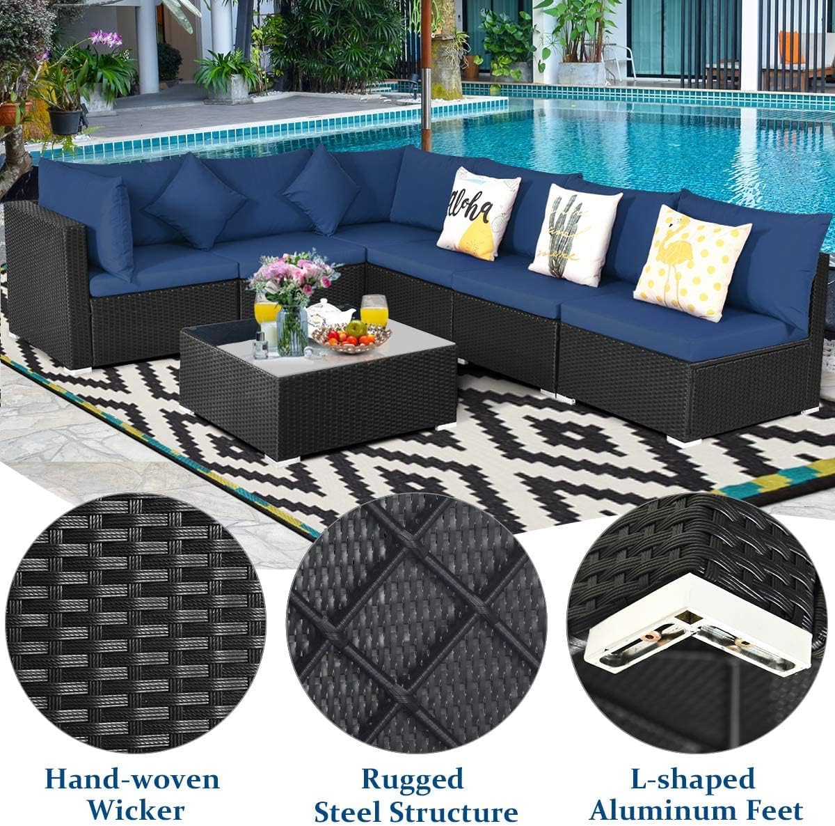 HAPPYGRILL 7 PCS Patio Furniture Set Outdoor Rattan Wicker Sectional Sofa Set with Cushions & Pillows & Coffee Table for Garden Lawn