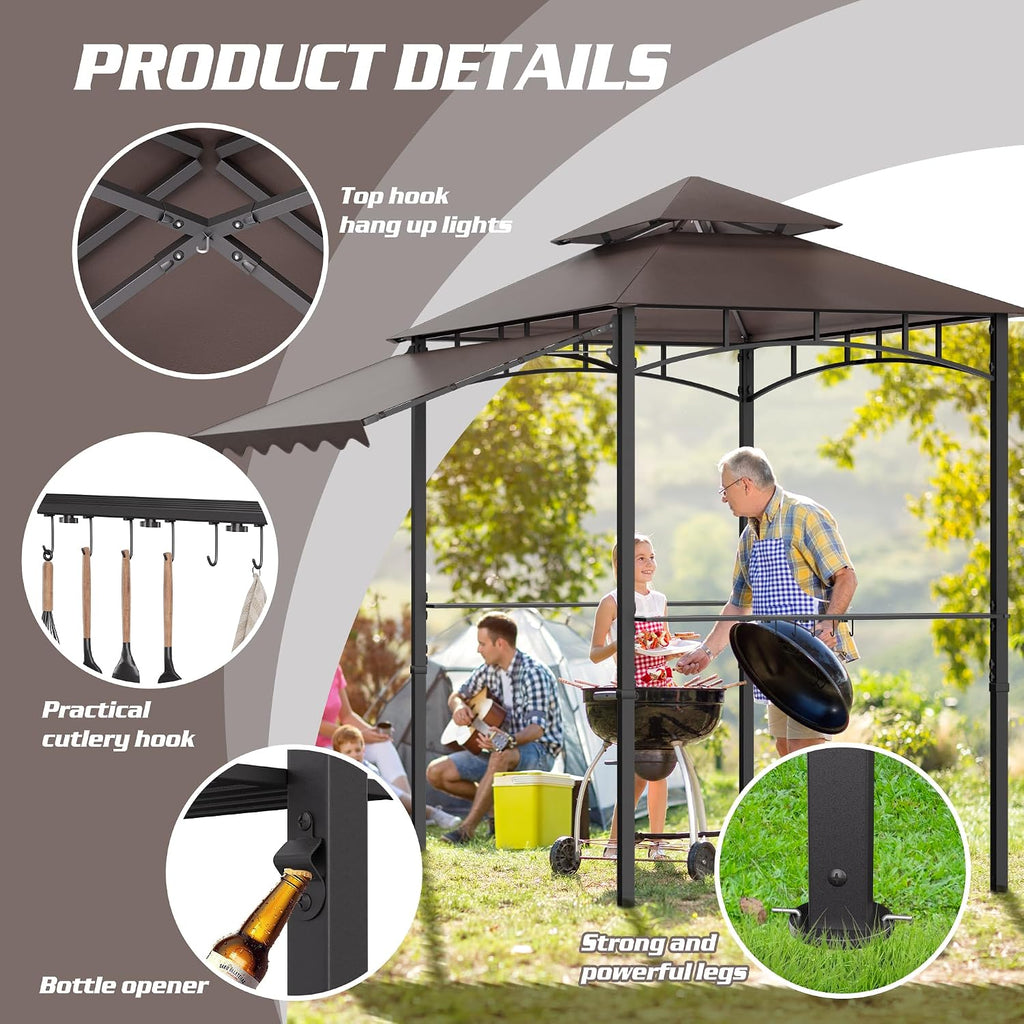 8'X8' Grill Gazebo Canopy - Heavy Duty Steel Frame, Double Tiered Grill Canopy for Outdoor Grill W/Shelves, Ceiling Hooks, Ground Stakes, Patio Canopys Tent BBQ Gazebo Backyard (Brownness)