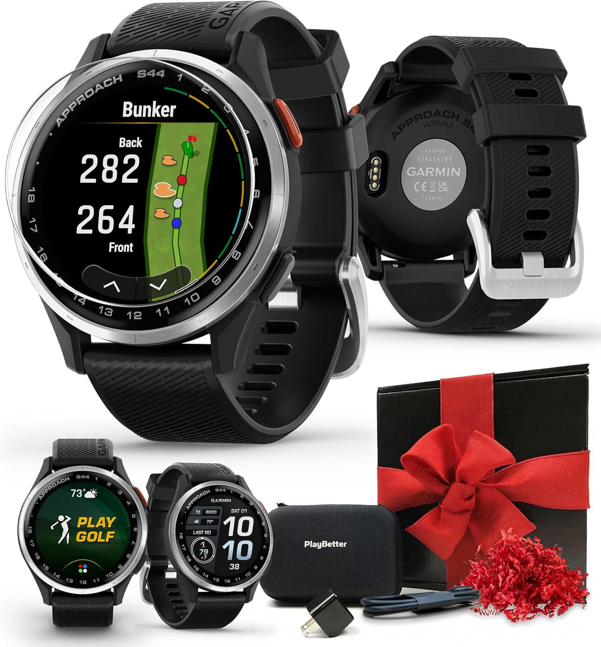 Garmin Approach S44 (Black/Silver) Golf GPS Smartwatch Gift Box Bundle - 1.2' AMOLED Display, On-Course Features & 15H Battery Life with PlayBetter Screen Protectors, Wall Adapter & Hard Case