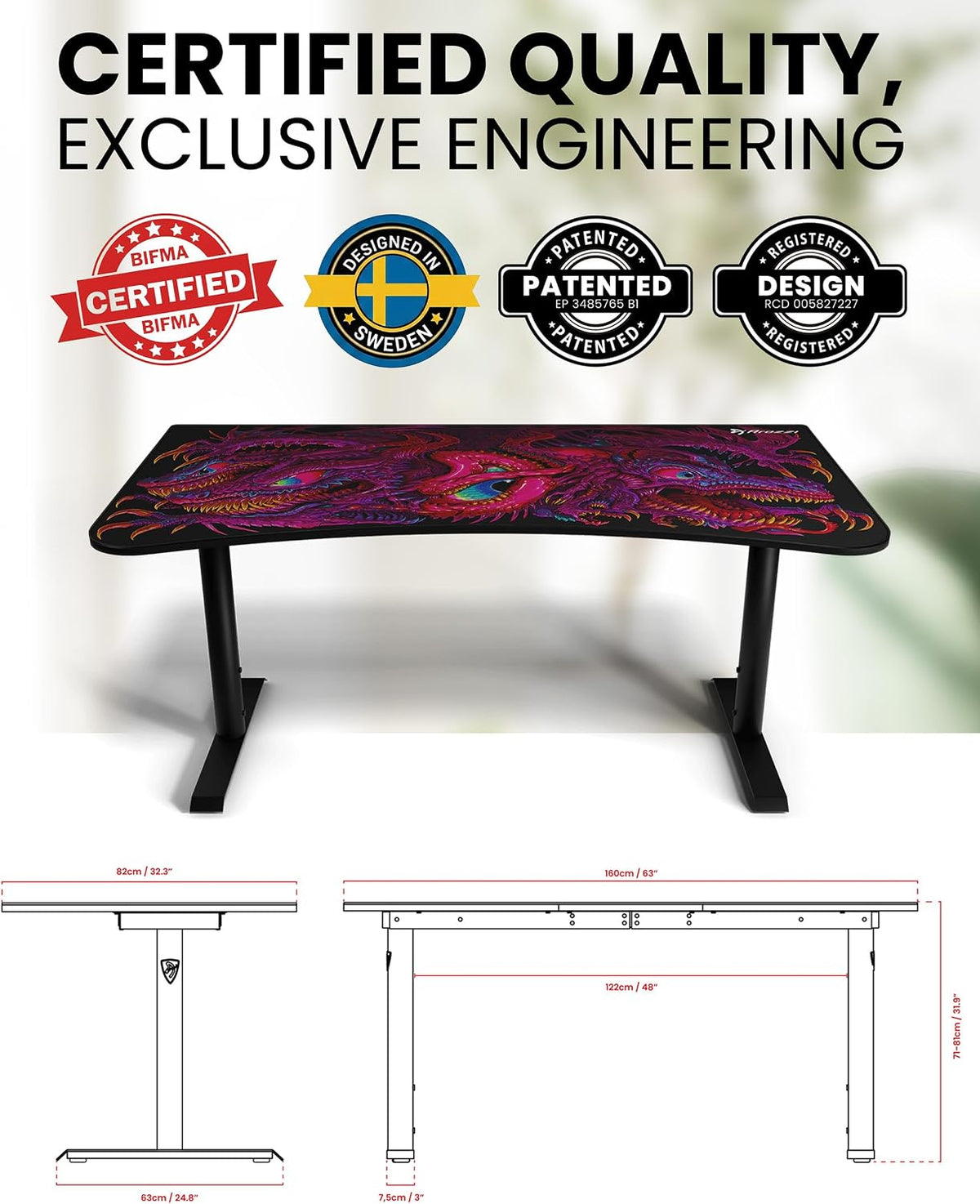 Arozzi Arena Special Edition Ultrawide Curved Gaming and Office Desk with Full Surface Water Resistant Desk Mat Custom Monitor Mount Cable Management Cut Outs - Crawling Chaos