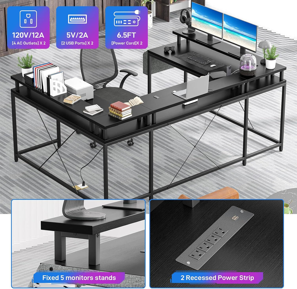GAOMON U Shaped Desk, 79' U Shaped Gaming Desk with Monitor Stand and LED Lights, Reversible Long Shaped Large Computer Desk with Power Outlets, Large Corner Office Desk with Storage Bag and Hooks