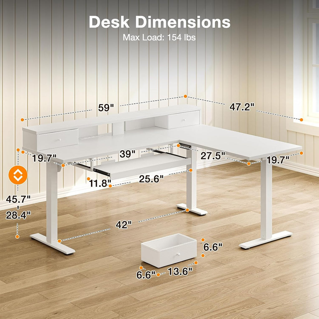 Casaottima 59 Inch Electric L-Shaped Standing Desk with Drawers, Height Adjustable Stand Up Corner Desk with Monitor Stand & Keyboard Tray, Lift Table for Home Office, Workstation, White