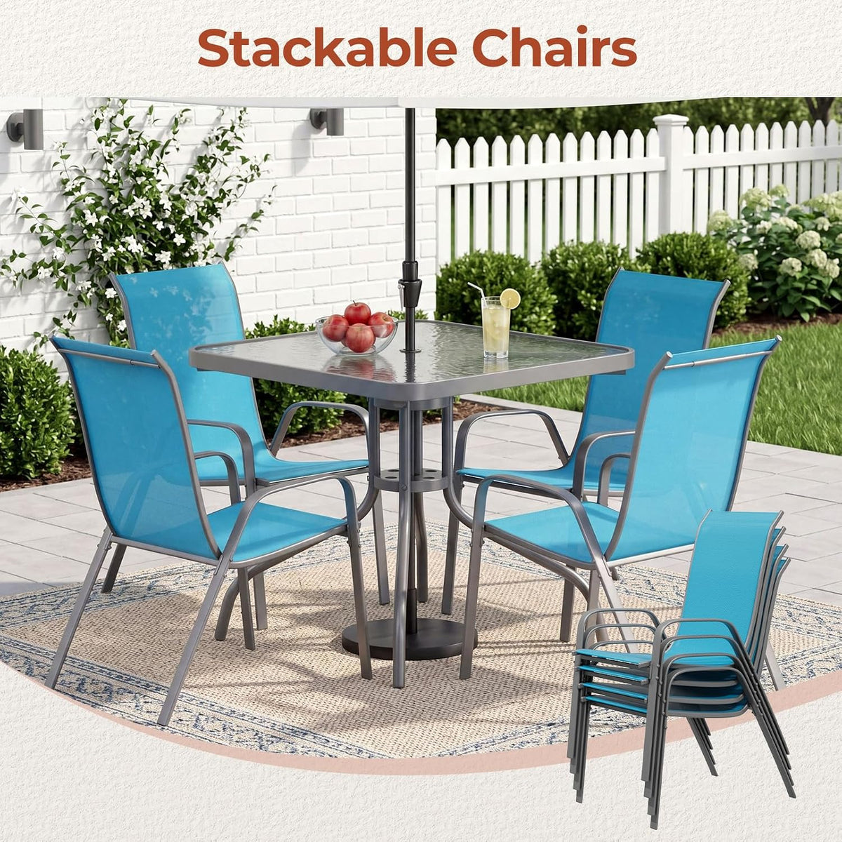 TLSUNNY Patio Dining Set 5 Pieces, All Weather Outdoor Furniture W/30'X 30' Table and 4 Stackable Textilene Chairs, Metal Table and Chairs for Lawn, Garden, Poolside, Backyard (Umbrella not Included)