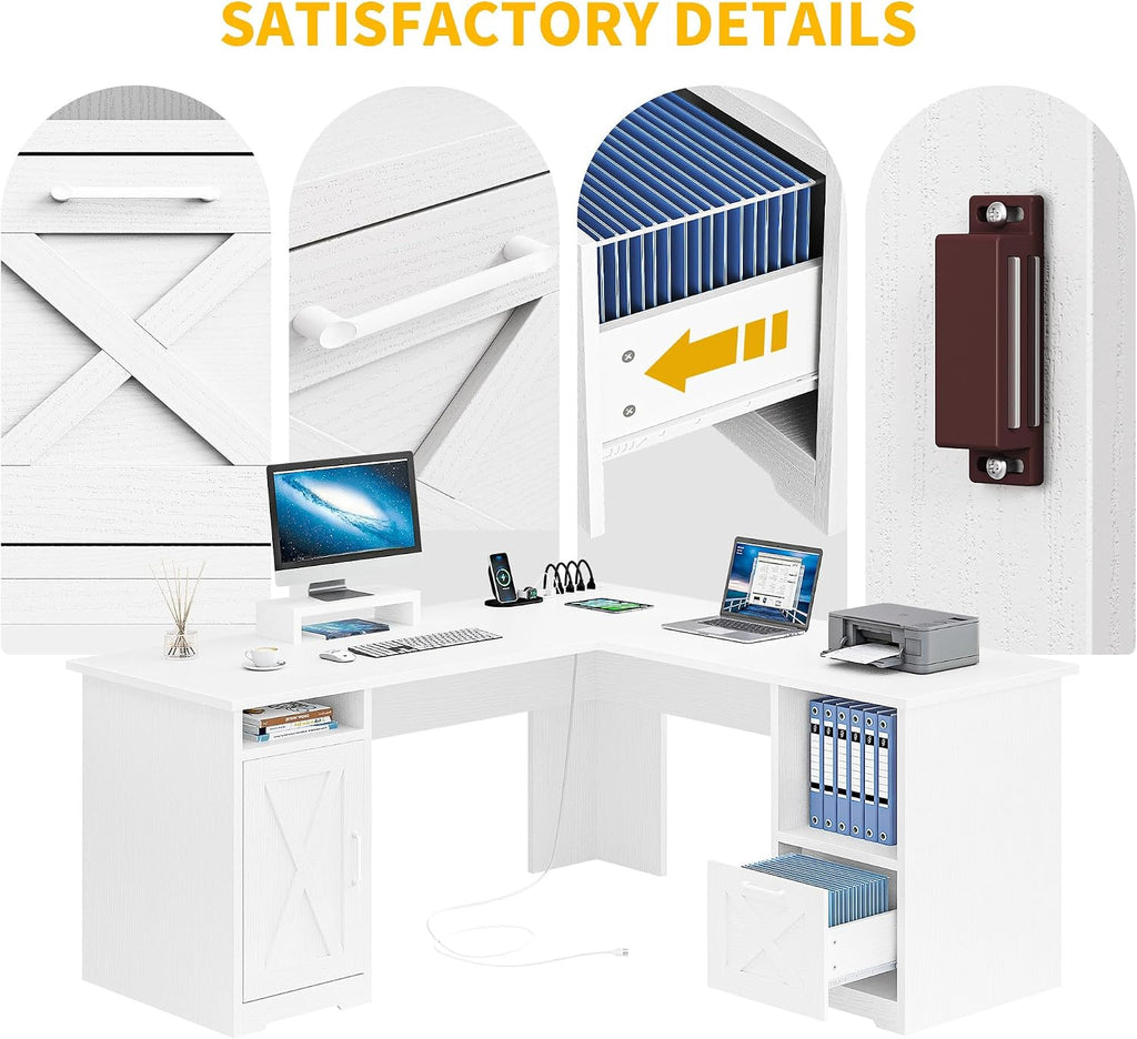 DWVO L Shaped Desk with File Drawer, 60' Corner Computer Desk with Power Outlets, Home Office Desk with Monitor Stand & Storage Shelves & File Cabinet, White