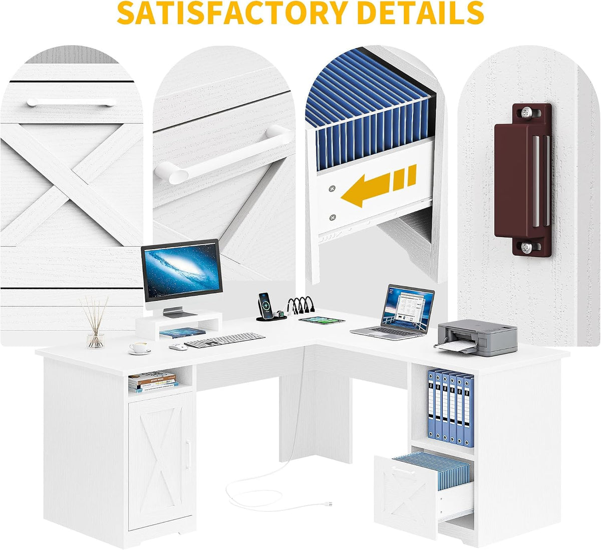 DWVO L Shaped Desk with File Drawer, 60' Corner Computer Desk with Power Outlets, Home Office Desk with Monitor Stand & Storage Shelves & File Cabinet, White