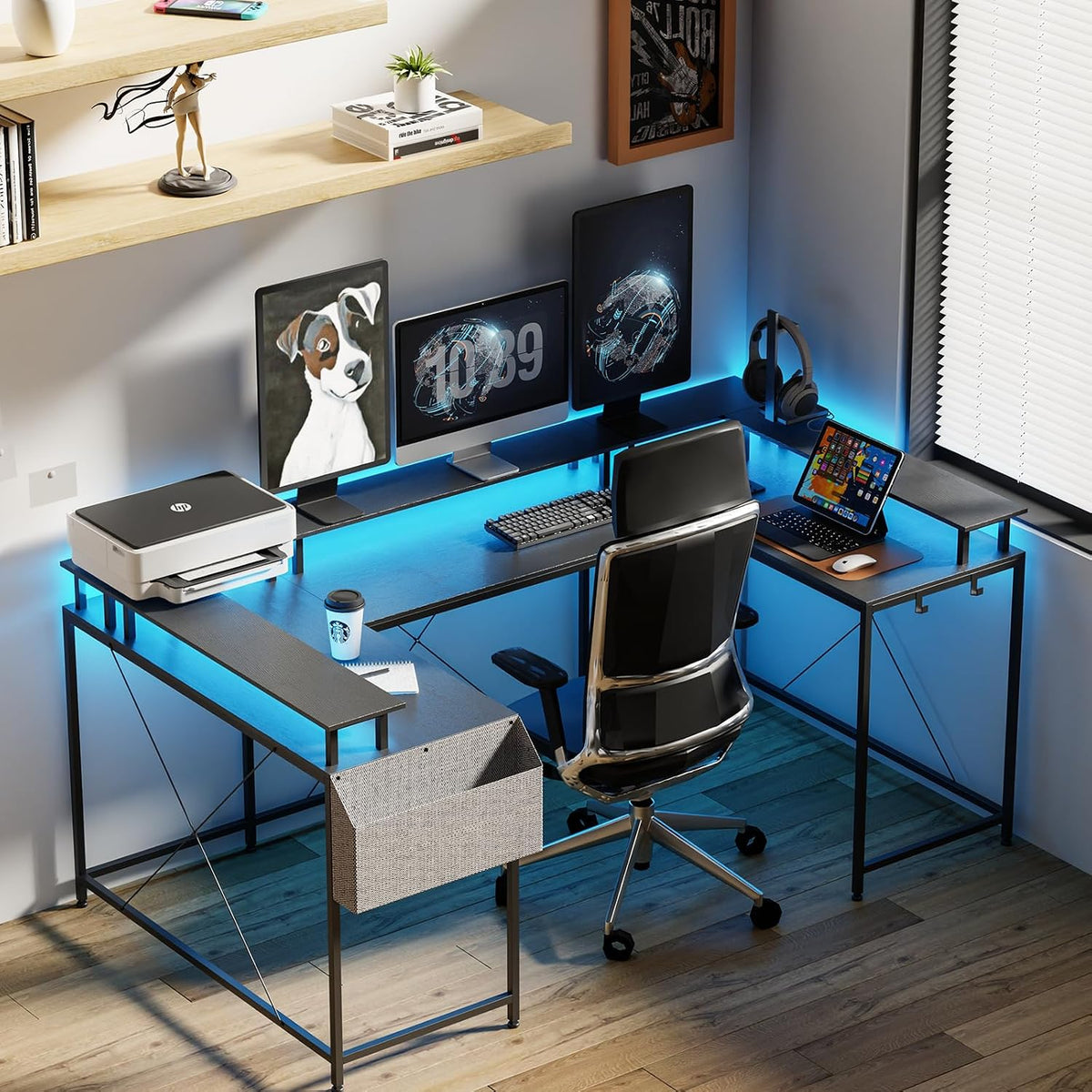 IDEALHOUSE U Shaped Home Office Desk, Reversible L Shaped Gaming Computer Desk with Power Outlets,126 Inch Computer Desk with Monitor Stand and LED Lights,Storage Shelves,Storage Bag and Hooks（Black）