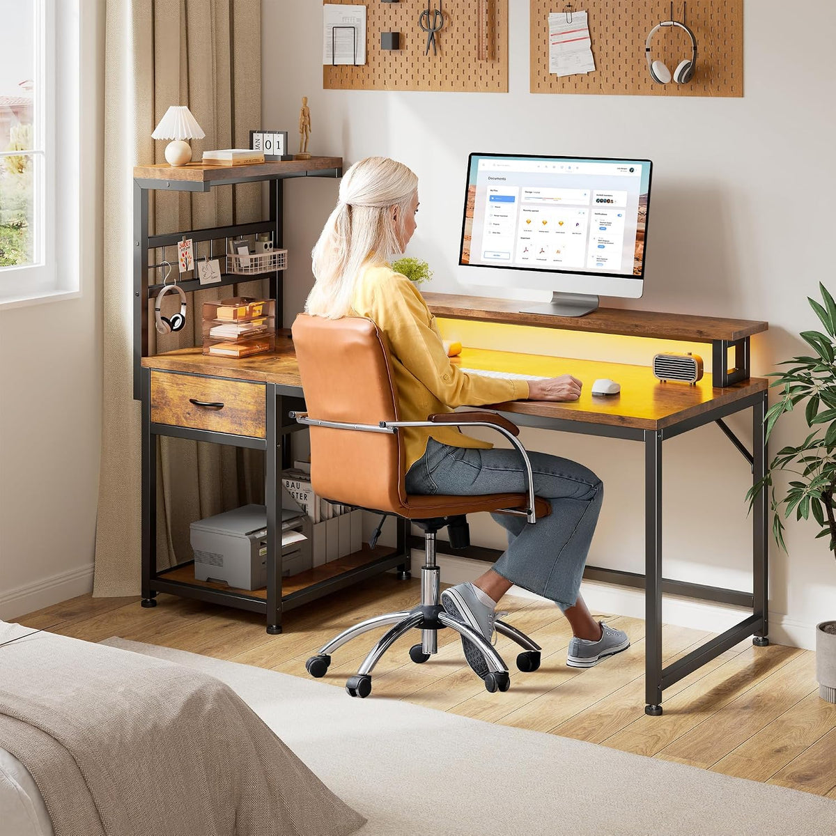 EnHomee 48' Computer Desk with Power Outlets & LED Lights, Gaming Desk with Drawer & Storage Shelves, Reversible Home Office Desk with Monitor Stand, for Living, Study Room, Gaming Room, Rustic Brown