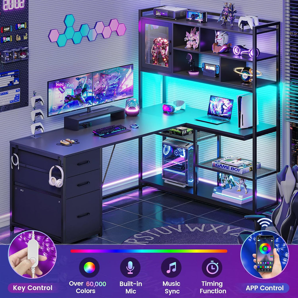 SEDETA L Shaped Computer Desk, 58'' Office Desk with 3 Drawers and Bookshelf, L Shaped Corner Desk with Storage Shelves and LED Light for Home Office, Gaming Desk, L Desk, Black