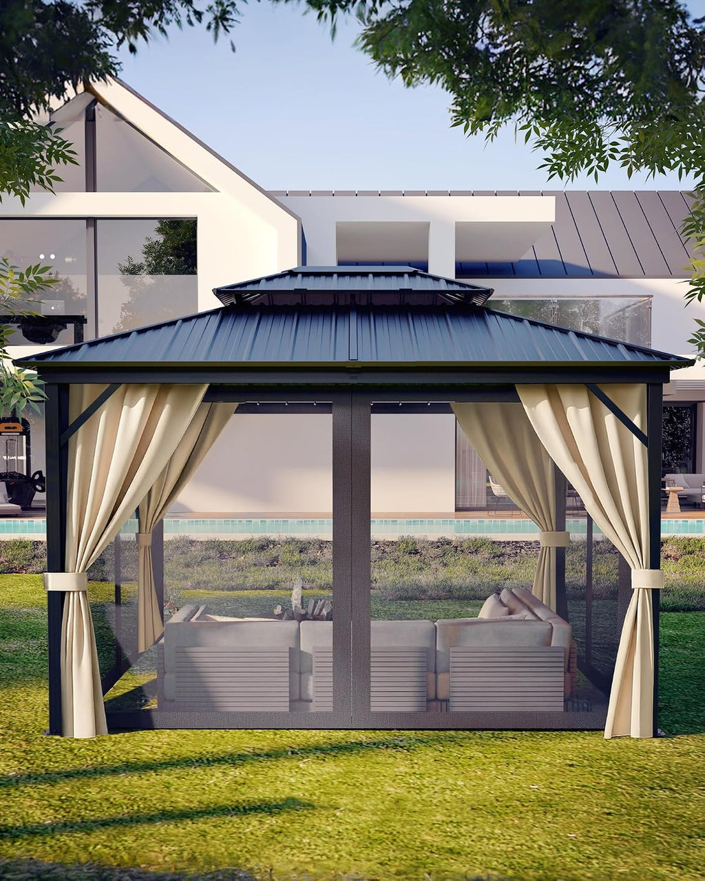 KYBOLT 10x12 Ft Hardtop Gazebos with Heavy Duty Double Roof, Nettings and Curtains Galvanized Steel Outdoor Gazebos for Patio, Backyard, Deck, Lawn
